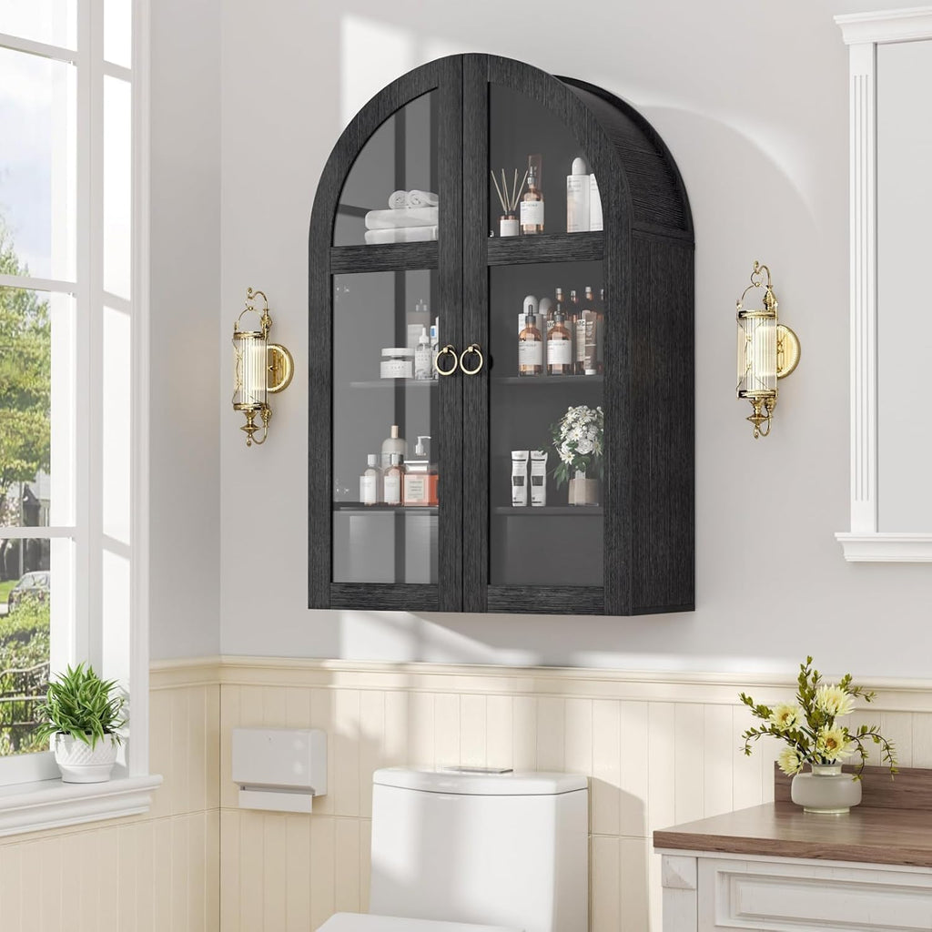 Arched Wall Cabinet with Tempered Glass Doors, 23.5×31.4 Inch Hanging Storage Cabinet with Adjustable Shelf, Glass Display Cabinet for Bathroom, Kitchen, Living Room, Black