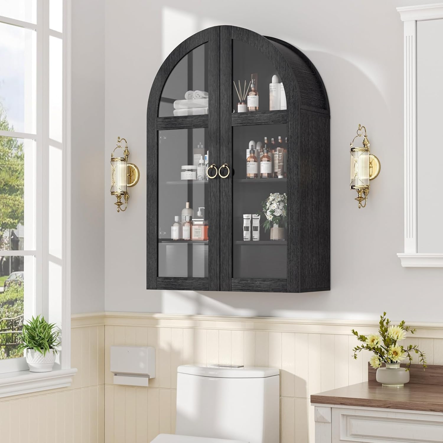 Arched Wall Cabinet with Tempered Glass Doors, 23.5×31.4 Inch Hanging Storage Cabinet with Adjustable Shelf, Glass Display Cabinet for Bathroom, Kitchen, Living Room, Black