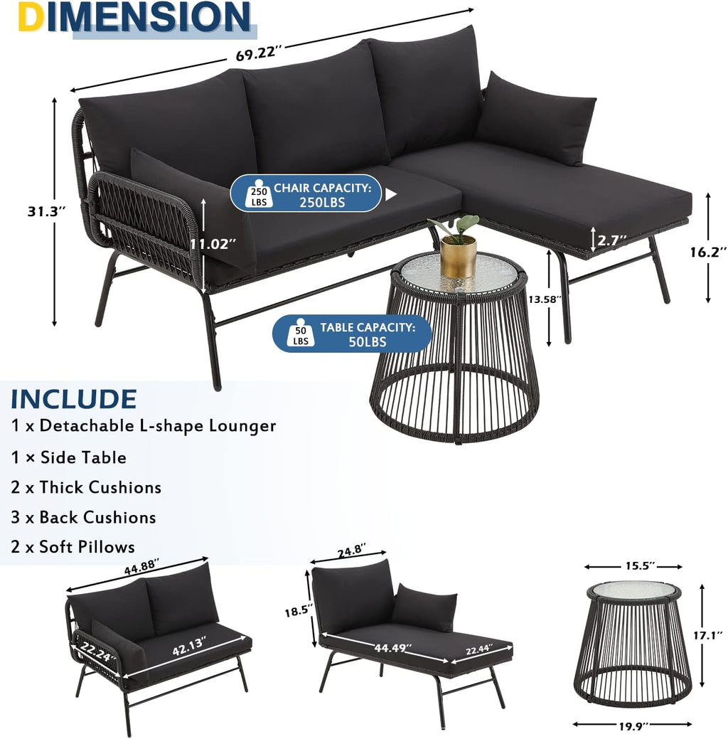 EROMMY 3 Piece Patio Conversation Sets, L-Shaped Sectional Patio Furniture Sofa Set with Thick Cushions and Toughened Glass Coffee Table for Backyard Balcony Garden Porch, Black