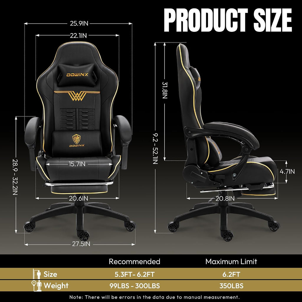 Dowinx Big and Tall Gaming Chair 350LBS, Racing Style Ergonomic Computer Chair with Side-Mounted Recline Control, Footrest & Massage Lumbar, High Back Chair with Embroidered Design for Work, Black