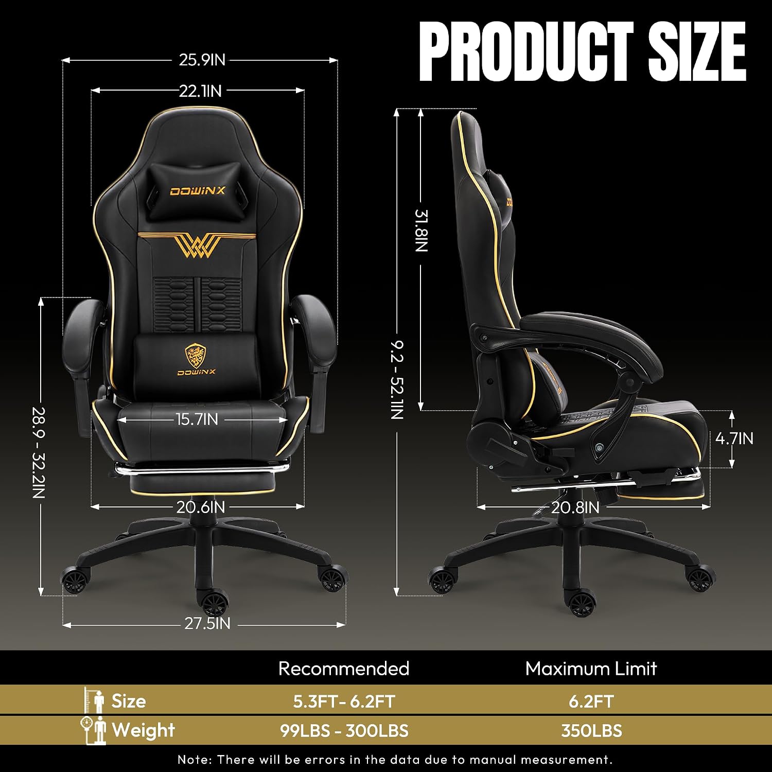 Dowinx Big and Tall Gaming Chair 350LBS, Racing Style Ergonomic Computer Chair with Side-Mounted Recline Control, Footrest & Massage Lumbar, High Back Chair with Embroidered Design for Work, Black
