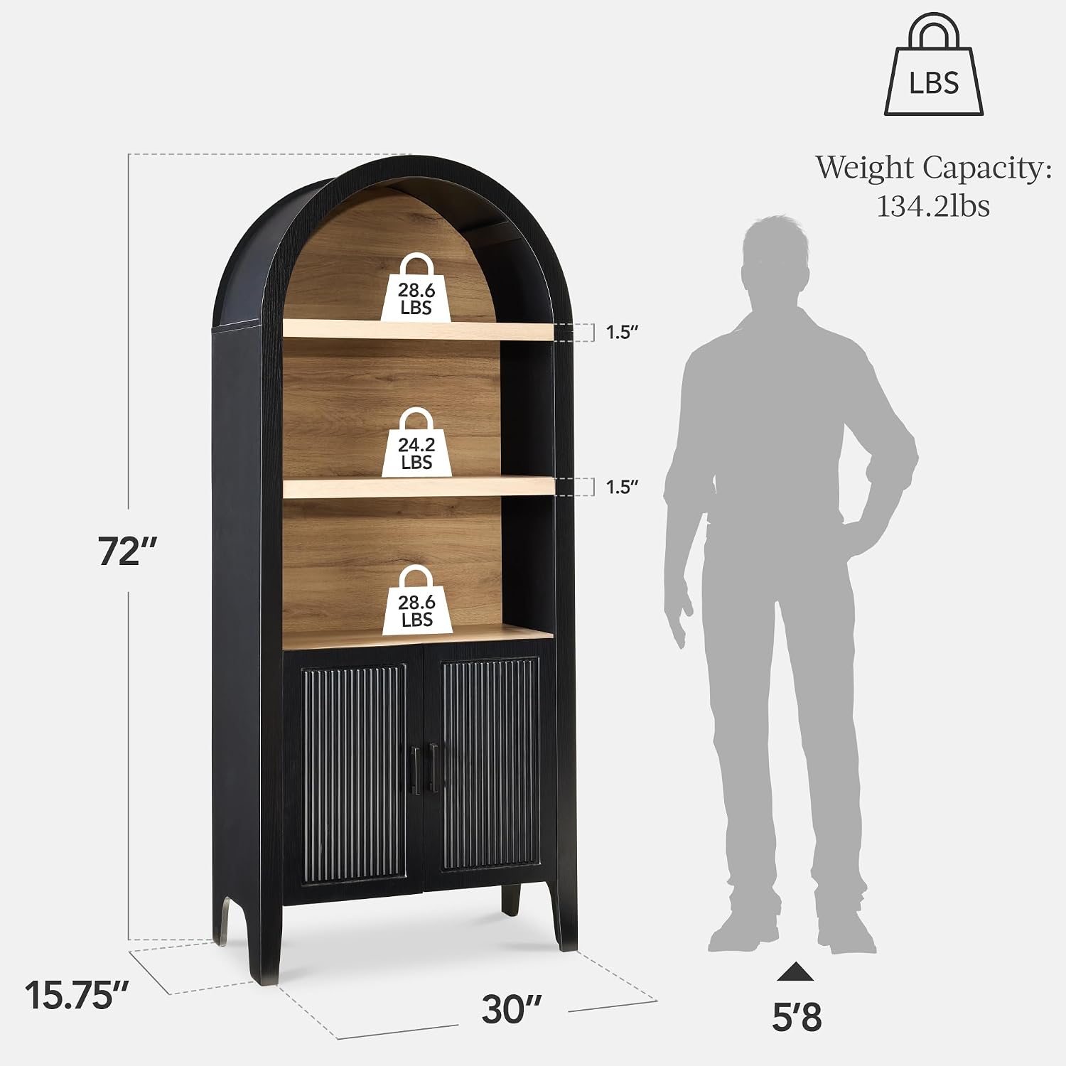 Best Choice Products 72' Tall Arched Pantry Cabinet w/Reeded Doors, 5-Tier Bookshelf, Armoire, Hutch, Bookcase, Storage Cabinet w/Adjustable Shelves, for Dining Room and Livingroom - Black Oak