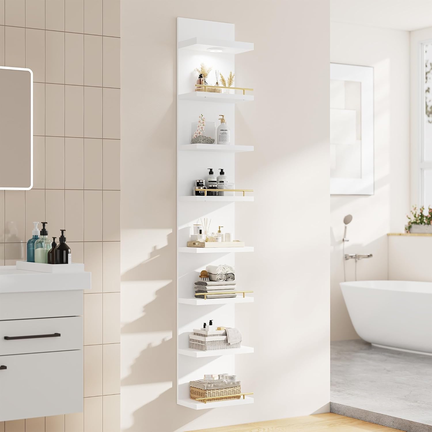 REIBII 8 Tier Wall Shelf Unit, 2-Pack White Floating Shelves with LED Light, Multi-Functional Versatile Shelves for Dressing Room Bedroom Living Room Office