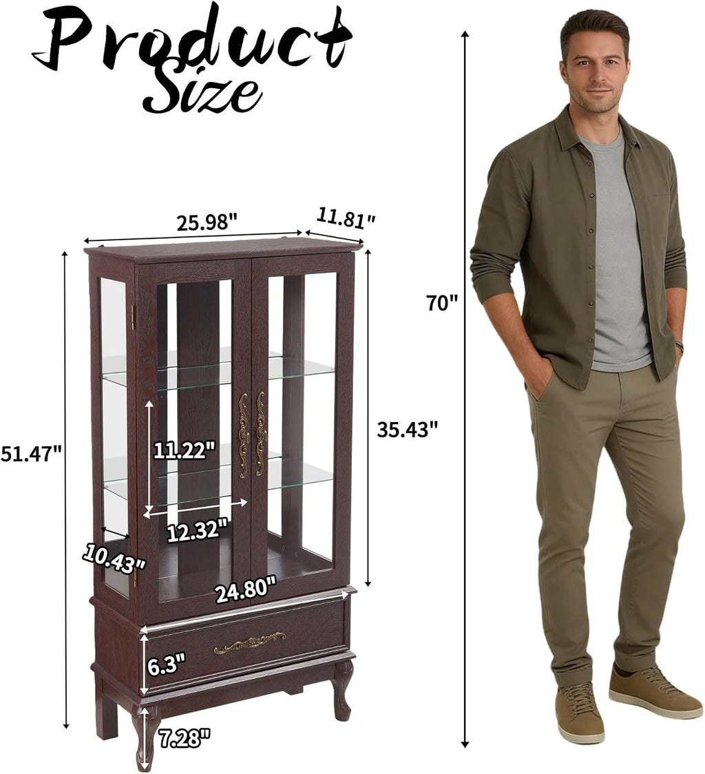 51' H Lighted Curio Display Cabinet with 2 Doors & 1 Drawer, Wooden Glass Curio Showcase w/Adjustable Shelves & Mirrored Back Panel, Storage Cabinet Display Case for Living Room(Dark Cherry)