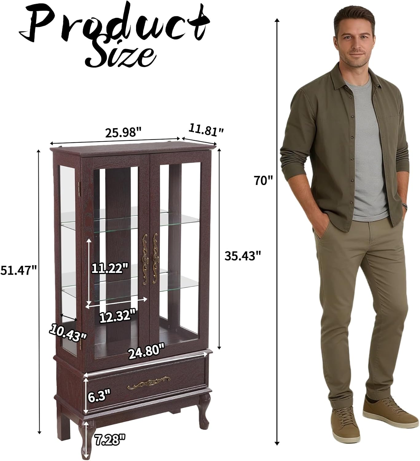 51' H Lighted Curio Display Cabinet with 2 Doors & 1 Drawer, Wooden Glass Curio Showcase w/Adjustable Shelves & Mirrored Back Panel, Storage Cabinet Display Case for Living Room(Dark Cherry)