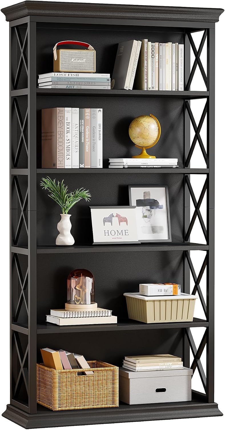 Tribesigns 6-Tier Bookcase, 71 Inches Industrial Bookshelves and Bookcases, Floor Standing 5 Shelf Display Storage Shelves Tall Bookcase for Home Office, Living Room, Bed Room, All Black
