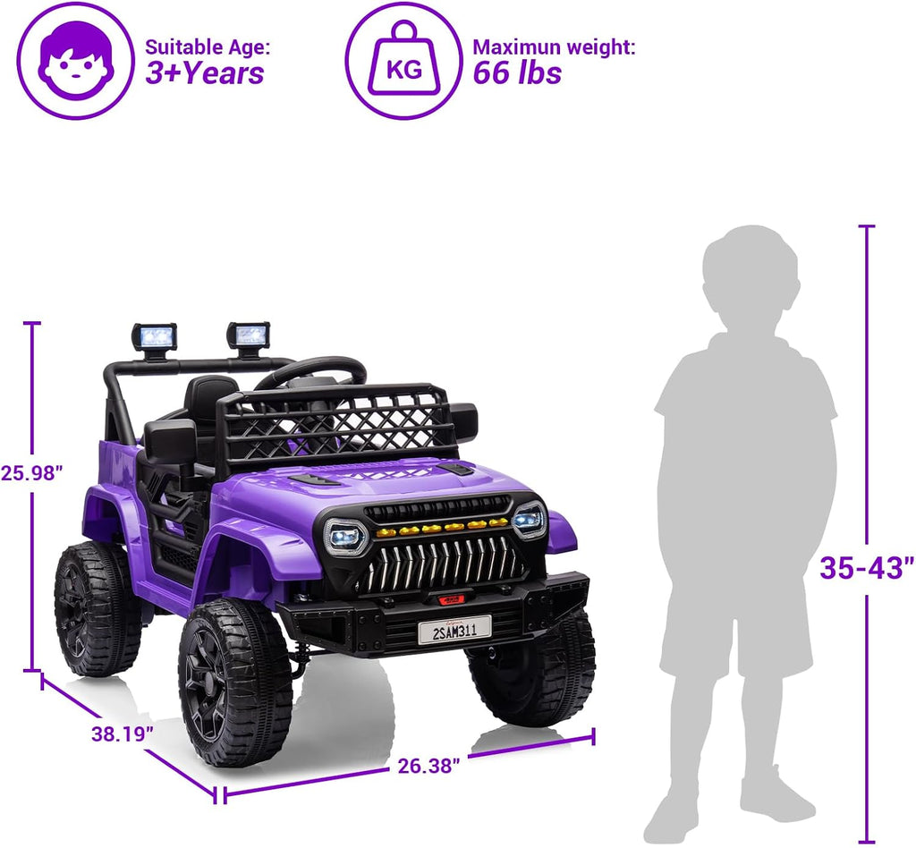 12V Ride On Car for Kids Electric Vehicle Toddlers Battery Powered Truck Car Toy with Remote Control, 4-Wheel Suspension, Battery Display, LED Lights, Music, for Boys Girls, Purple