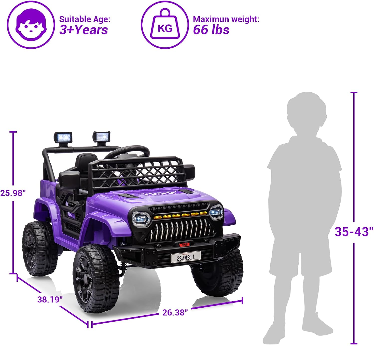 12V Ride On Car for Kids Electric Vehicle Toddlers Battery Powered Truck Car Toy with Remote Control, 4-Wheel Suspension, Battery Display, LED Lights, Music, for Boys Girls, Purple