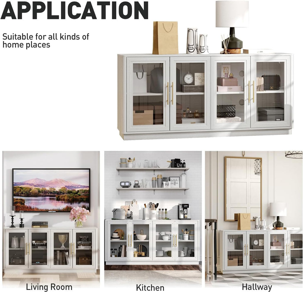 NEWOWNDS Buffet Cabinet with Storage,63' Large Sideboard,Kitchen Storage with 4 Glass Doors, Modern Glass Display Cabinet,Entryway Table for Dining Room,White