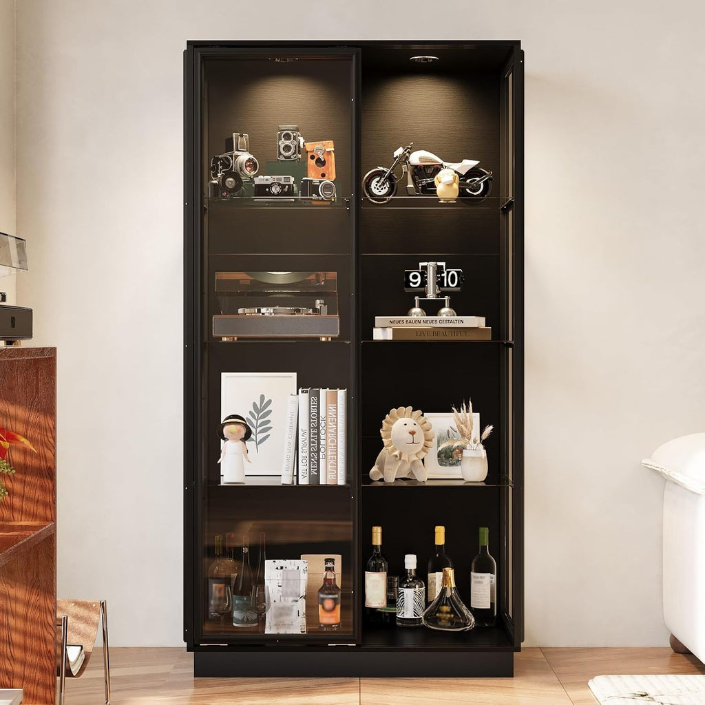 Tall Glass Display Cabinet with Glass Shelving & Sliding Doors, Trophy Case Glass Cabinet with Spotlights Black 39.4'W x 19.7'D x 75.2'H