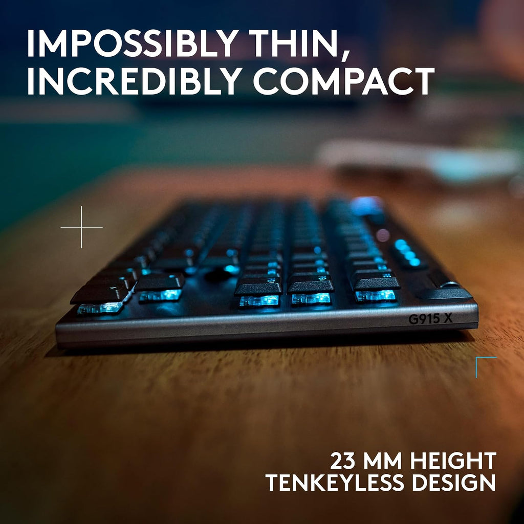 Logitech G915 X Lightspeed TKL Low-Profile Wireless Gaming Keyboard, Double-Shot PBT Keycaps, Fully Programmable Keys, RGB Backlighting, Sleek Aluminum Finishing, GL Blue Clicky - PC/Mac - Black