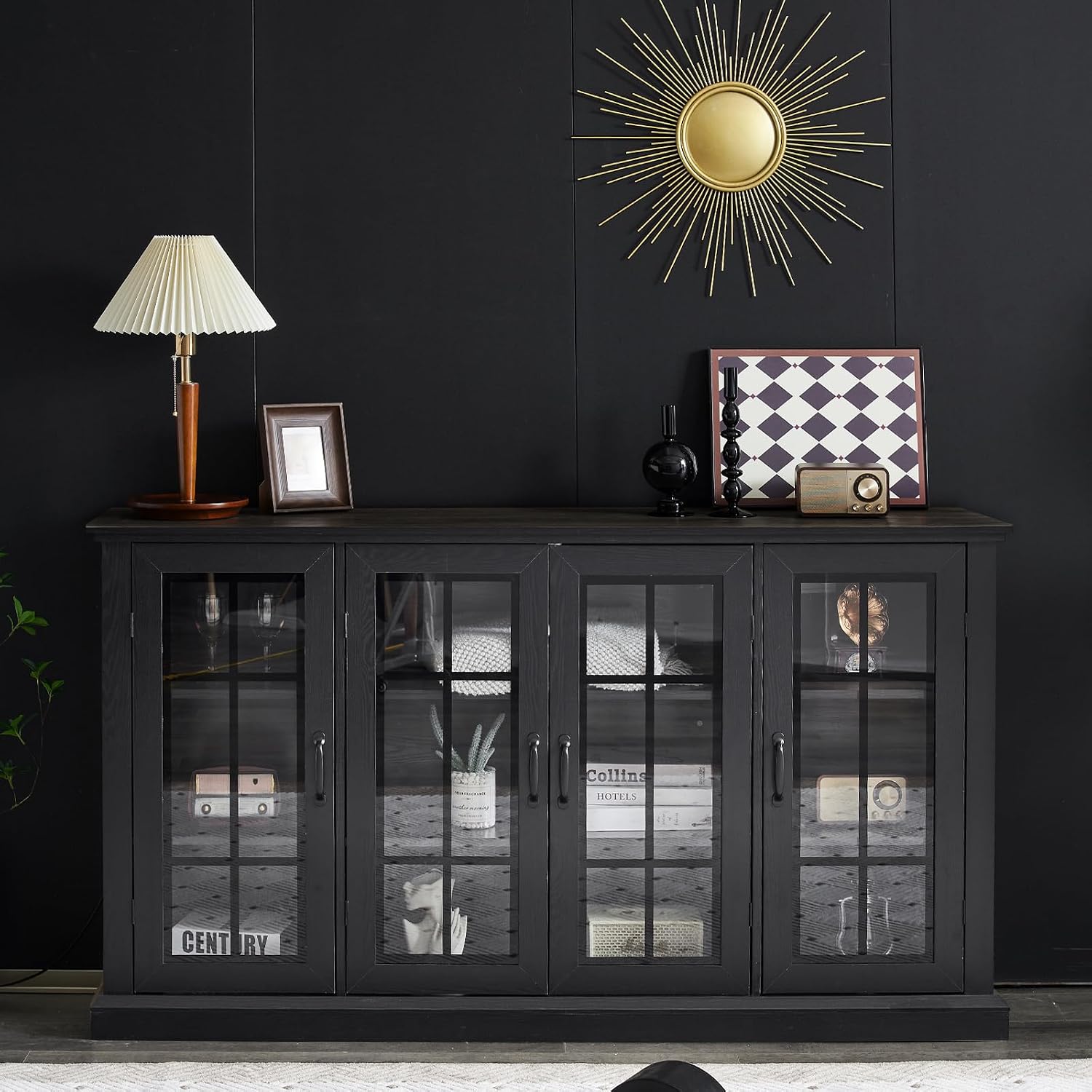 AMERLIFE 63' Sideboard, 6 Adjustable Shelves Sideboard Buffet Cabinet with 4 Doors, Accent Storage Credenzas for Dining Room, Living Room, Classic Black