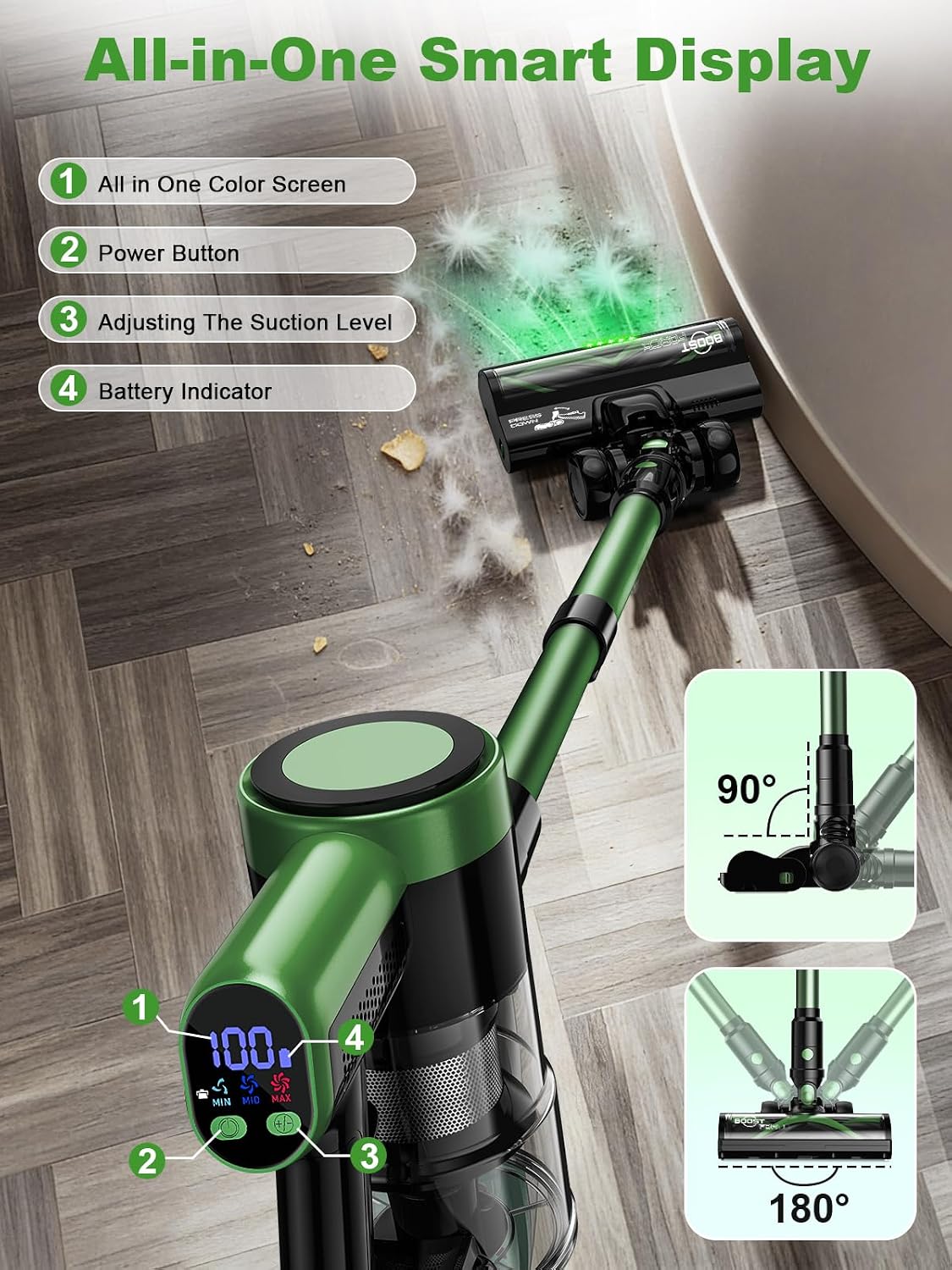 Cordless Vacuum Cleaner, 58Kpa Vacuum Cleaners for Home, 55Mins Stick Vacuum with Self-Standing & LED Display, Anti-Tangle & Wall Mount Charging (Green Black)