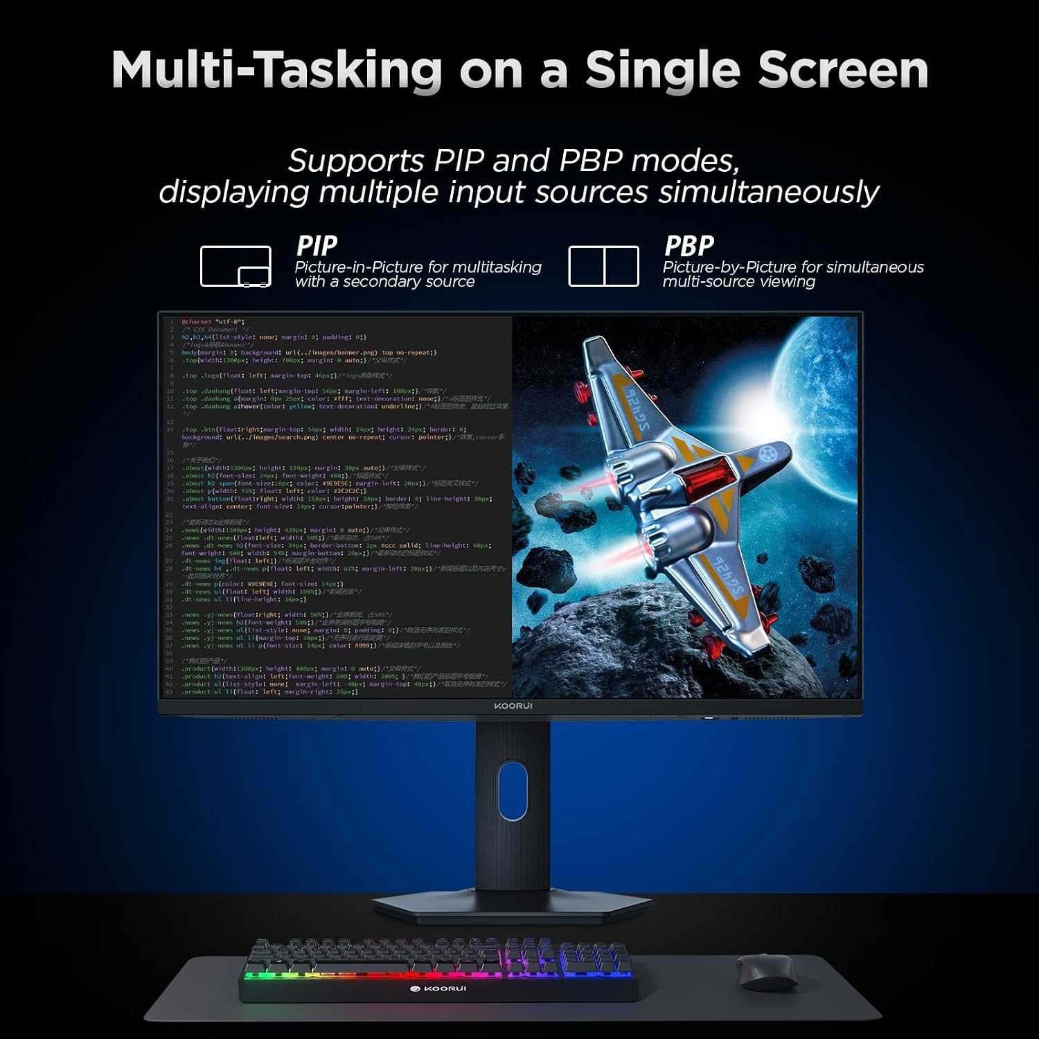 KOORUI 27' 4K QD-Mini LED Gaming Monitor - Dual-Mode (UHD 160Hz or FHD 320Hz), 1ms, 99% Adobe RGB, HDR1400, 90W USB-C, HDMI 2.1/DP1.4, VESA, Tilt Height Swivel Vertical Adjustment, Black, S2741LM