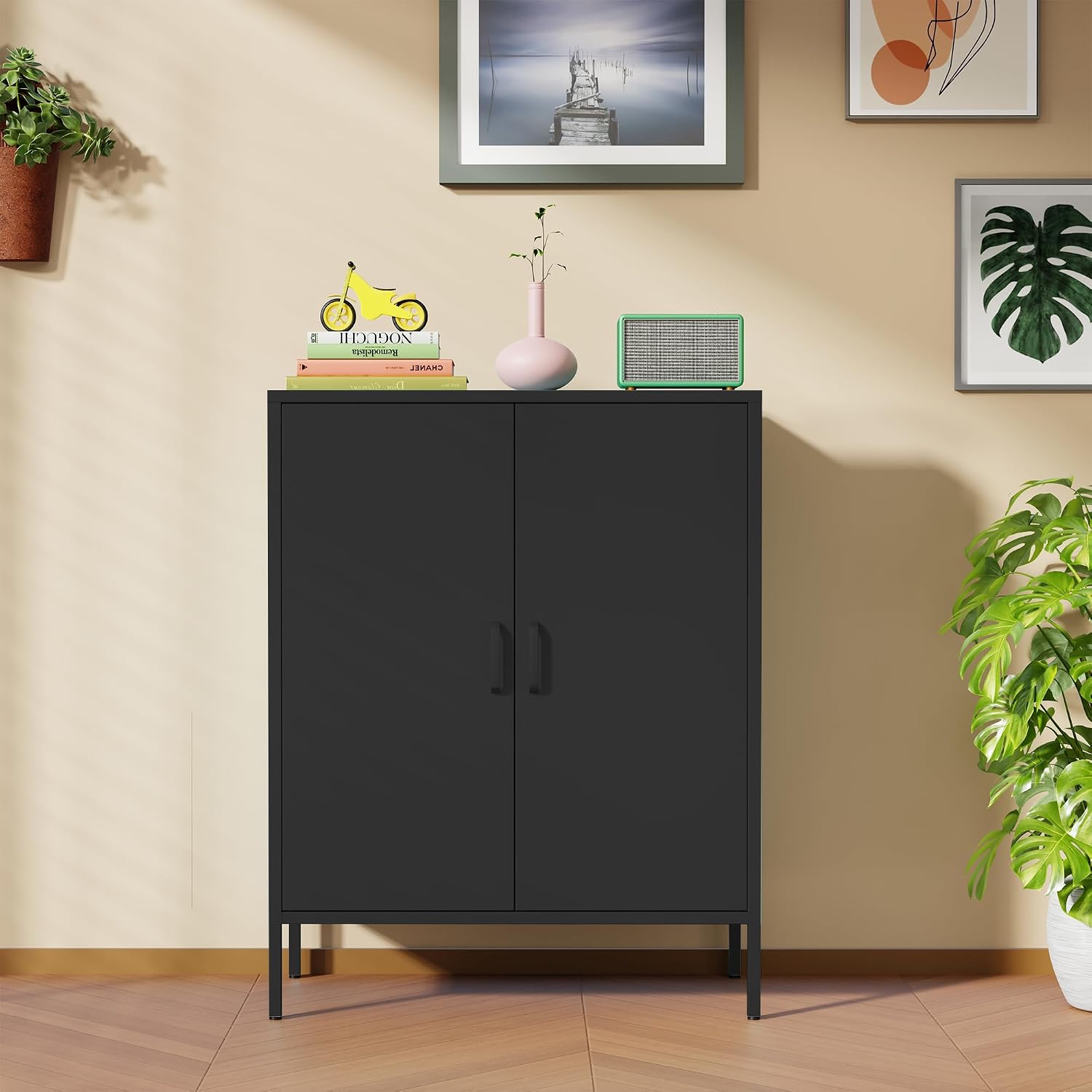 Chshin Black Metal Storage Cabinet,Metal Locker Storage Cabinet with 2 Doors and Shelves,Kitchen Pantry Cabinet,Modern Storage Freestanding Organizer Rust for Home,Kitchen,Office