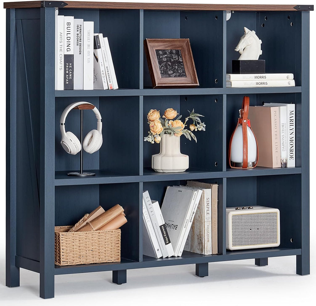 Joaxswe 9 Cube Bookcase, Farmhouse 47 Inch Wide Navy Blue Bookshelf, Wooden 3 Tier Display Large Open Book Shelf, Vintage Horizontal Book Case for Home Office, Cubby Storage Cabinet for Living Room
