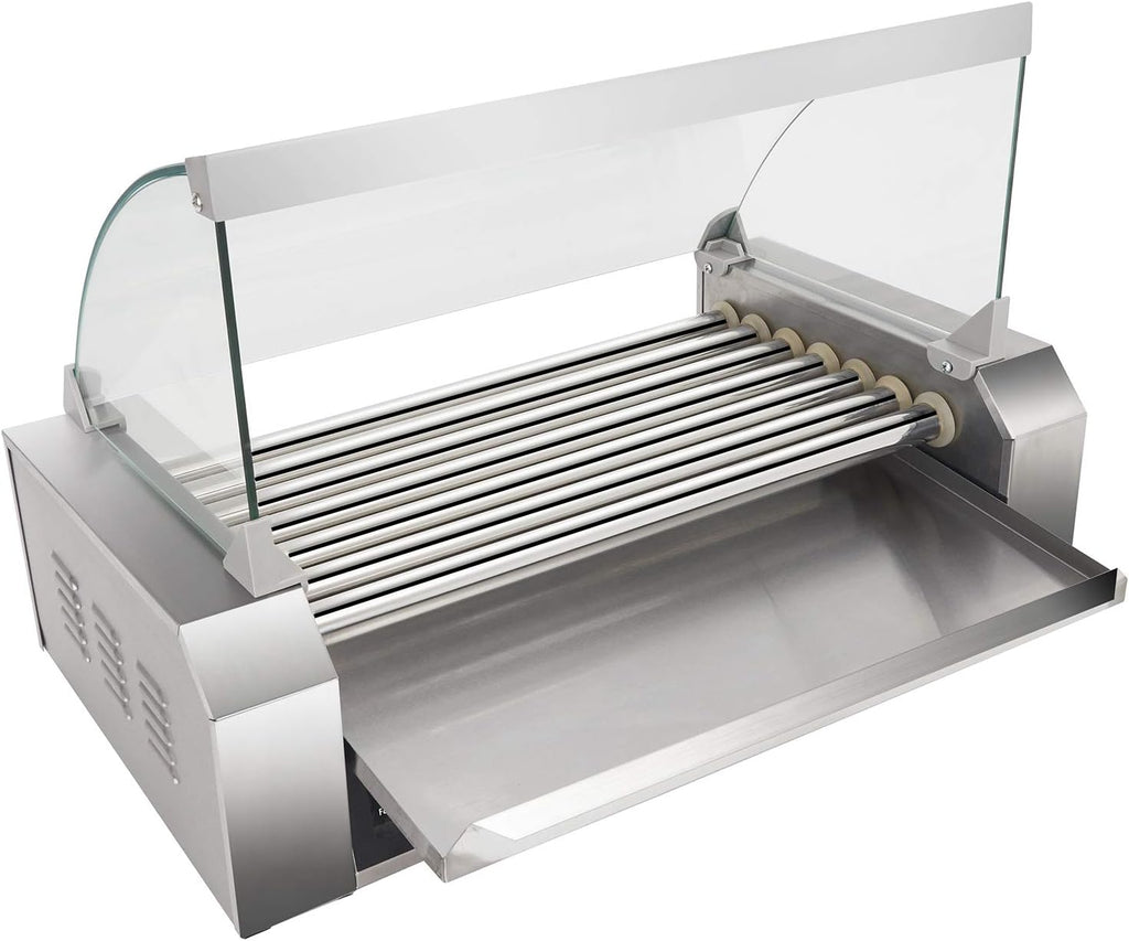 Happygrill Hot Dog Roller Machine, Electric Sausage Grill w/ 18 Hot Dog, 7 Non-Stick,Removable Stainless Steel Drip Tray and Glass Hood Cover,Commercial Household Hot Dog Grill Cooker