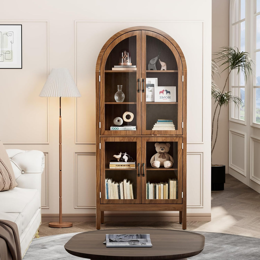 Lxsxlome 70.9'' Tall Arched Display Cabinet with Acrylic Glass Doors, Modern 5-Tier Arched Bookcase, Kitchen Pantry Storage Cabinet Curio Cabinets for Living Dining Room (Walnut, 31.5''W)