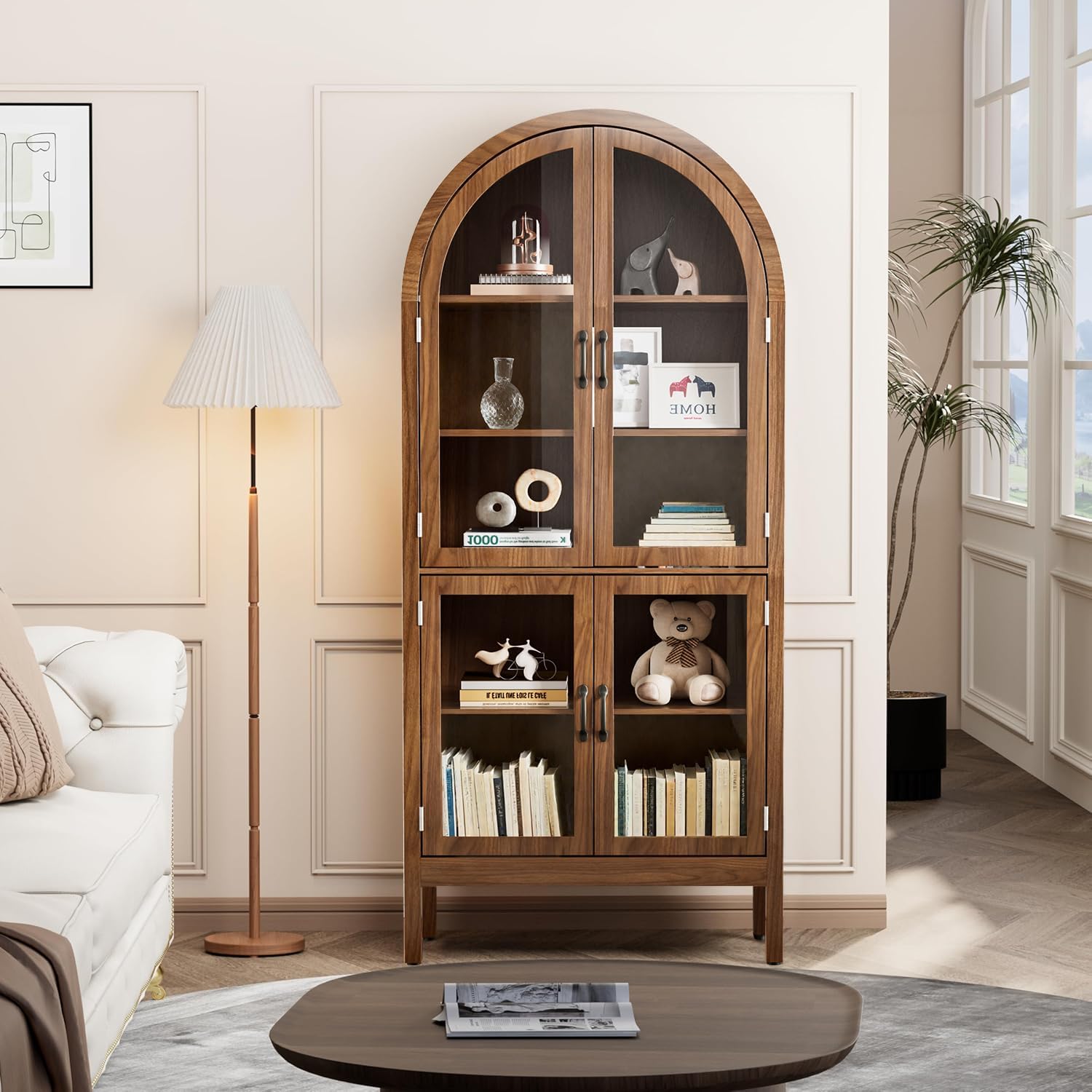 Lxsxlome 70.9'' Tall Arched Display Cabinet with Acrylic Glass Doors, Modern 5-Tier Arched Bookcase, Kitchen Pantry Storage Cabinet Curio Cabinets for Living Dining Room (Walnut, 31.5''W)