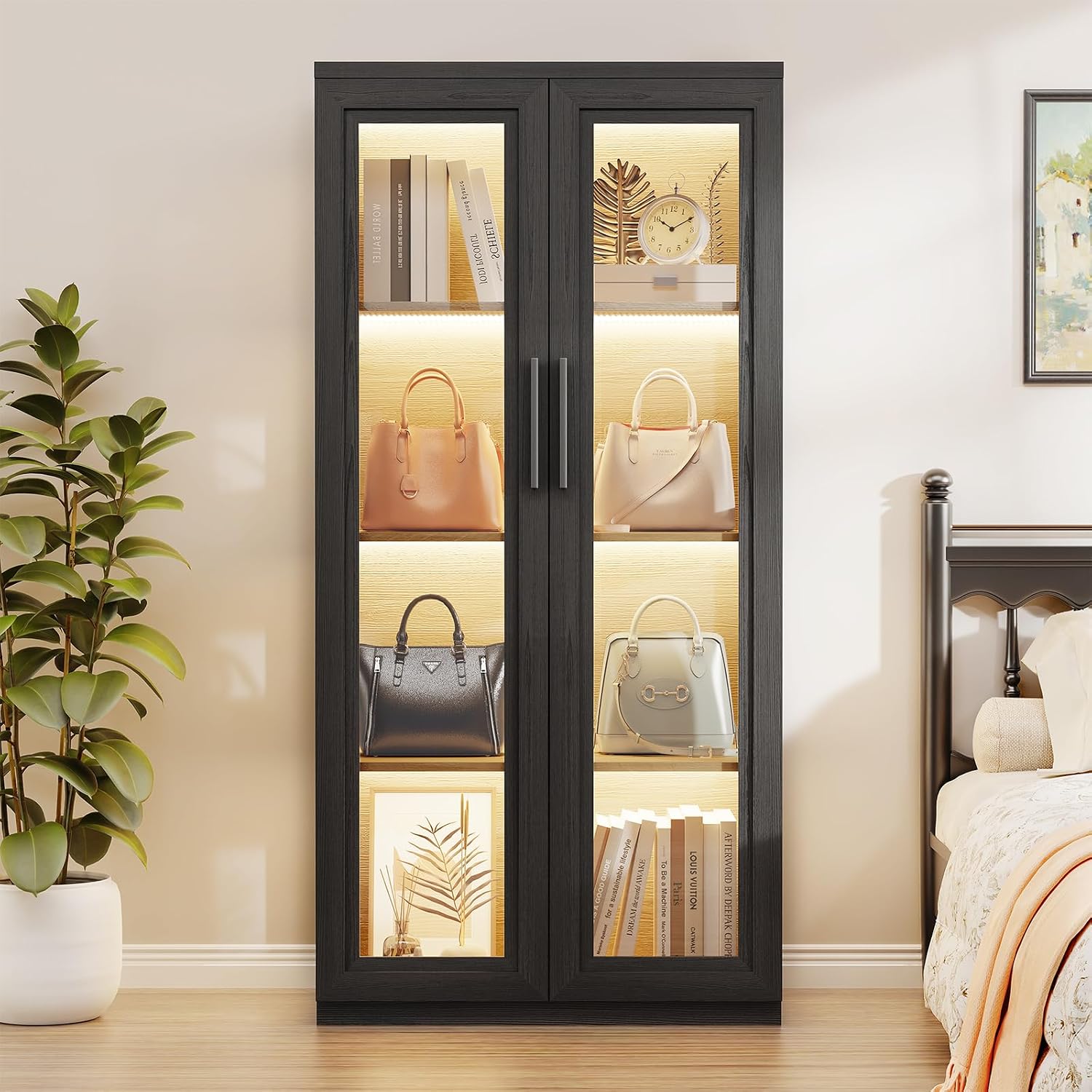 BROTTAR Curio Cabinet with Glass Doors, Bookcase with 4 Shelves, Display Cabinets for Collectibles, China Cabinet with 3 Color LED Lights and Human Body Sensing, Buffer Hinge, Black