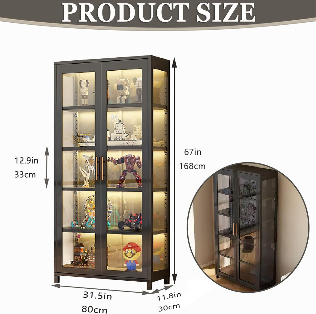Display Cabinet with Glass Doors, 5-Tier Metal Curio Cabinet, Glass Display Cases for Figurine, Toy Organizers Rack & Display Shelf, Kids Bookcase for Home Office, Playroom, Living Room