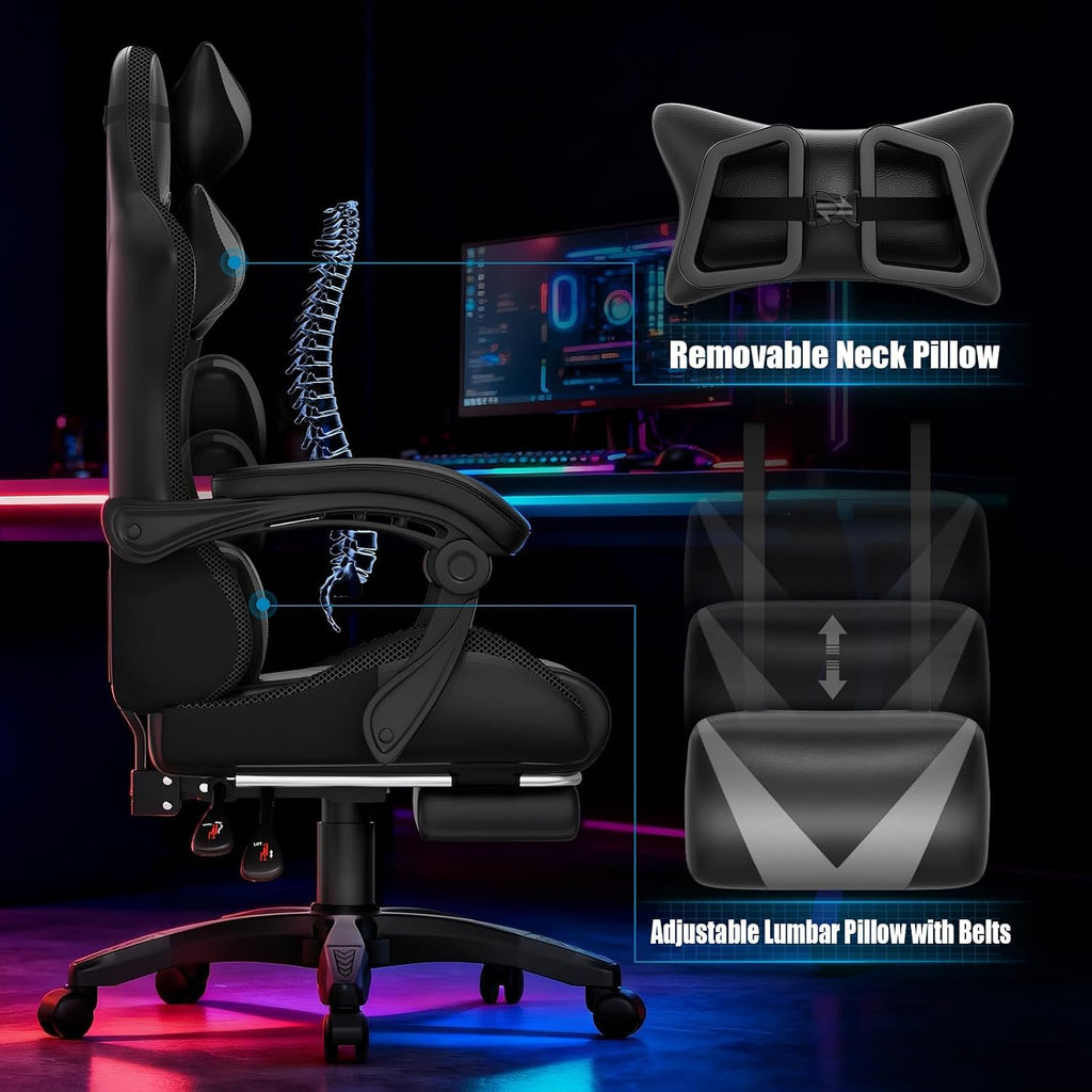 Czlolo Gaming Chair, Racing Style RGB LED Lights Gaming Chairs for Adults and Kids, Lumbar Massager Gamer Chair, High Back Reclining Computer Chair with Footrest and Headrest (Black/Gray)