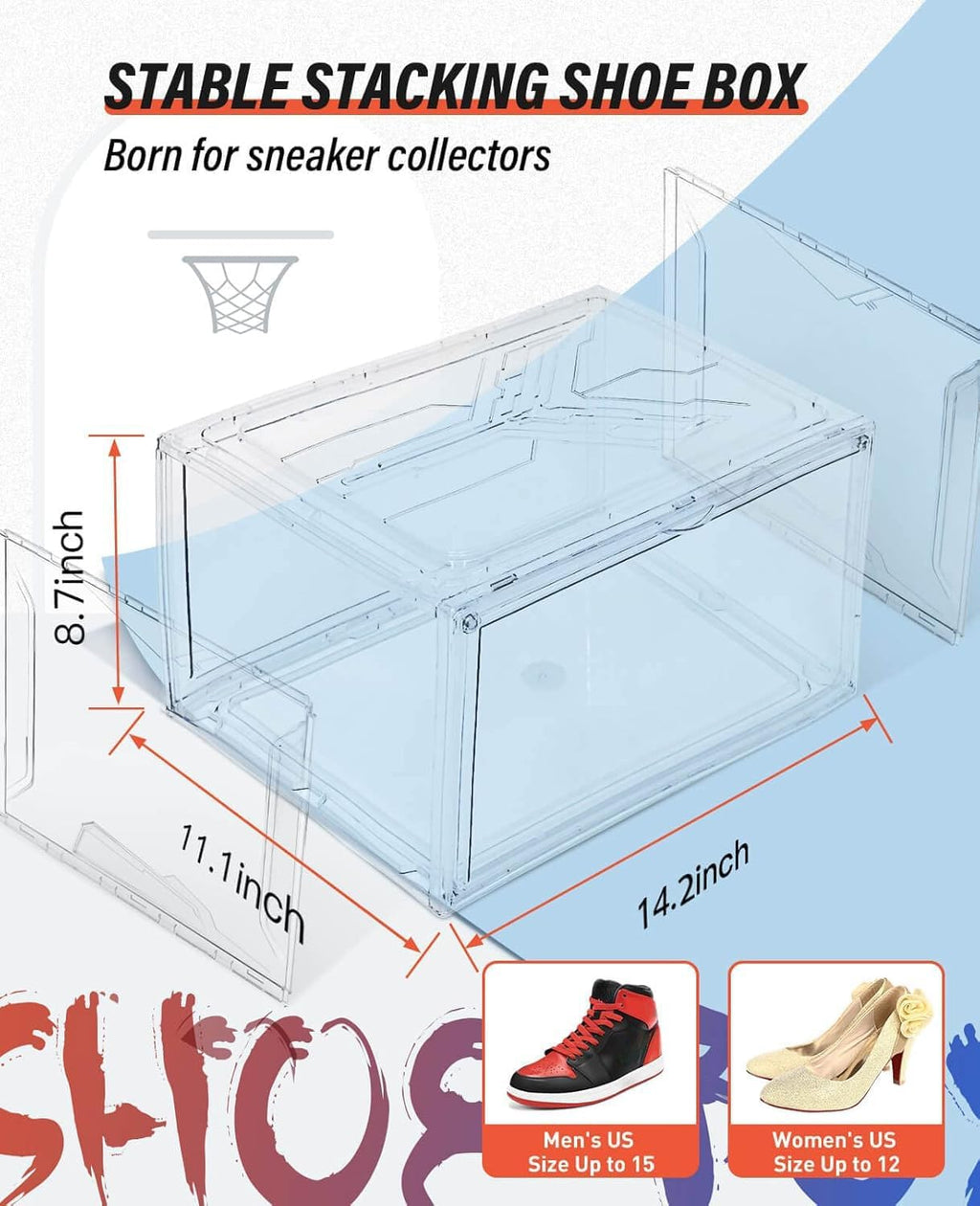 KDOR Shoe Box Clear Plastic Stackable for Sneakers,Closet,Hat. 10 Pack Sneaker Storage Boxes with Magnetic Door, Acrylic Display Case, Strong and Sturdy Fit Shoe Size Up to US 15
