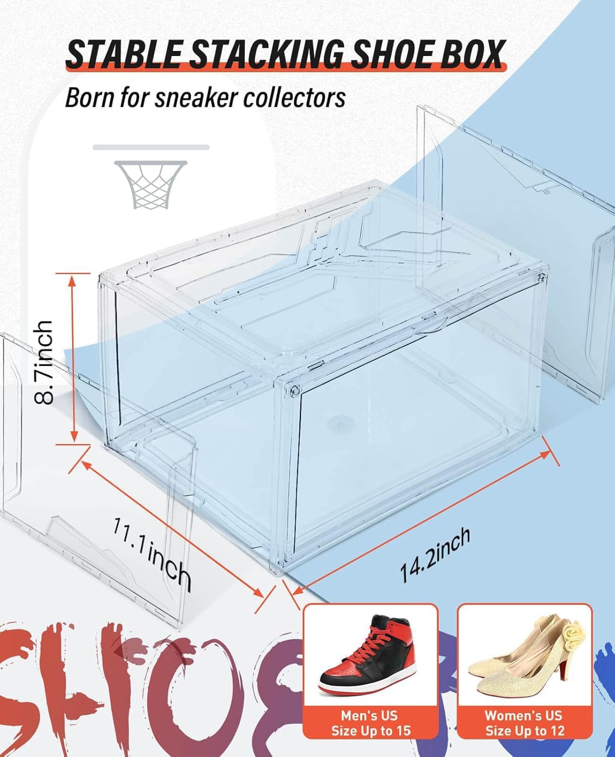 KDOR Shoe Box Clear Plastic Stackable for Sneakers,Closet,Hat. 10 Pack Sneaker Storage Boxes with Magnetic Door, Acrylic Display Case, Strong and Sturdy Fit Shoe Size Up to US 15