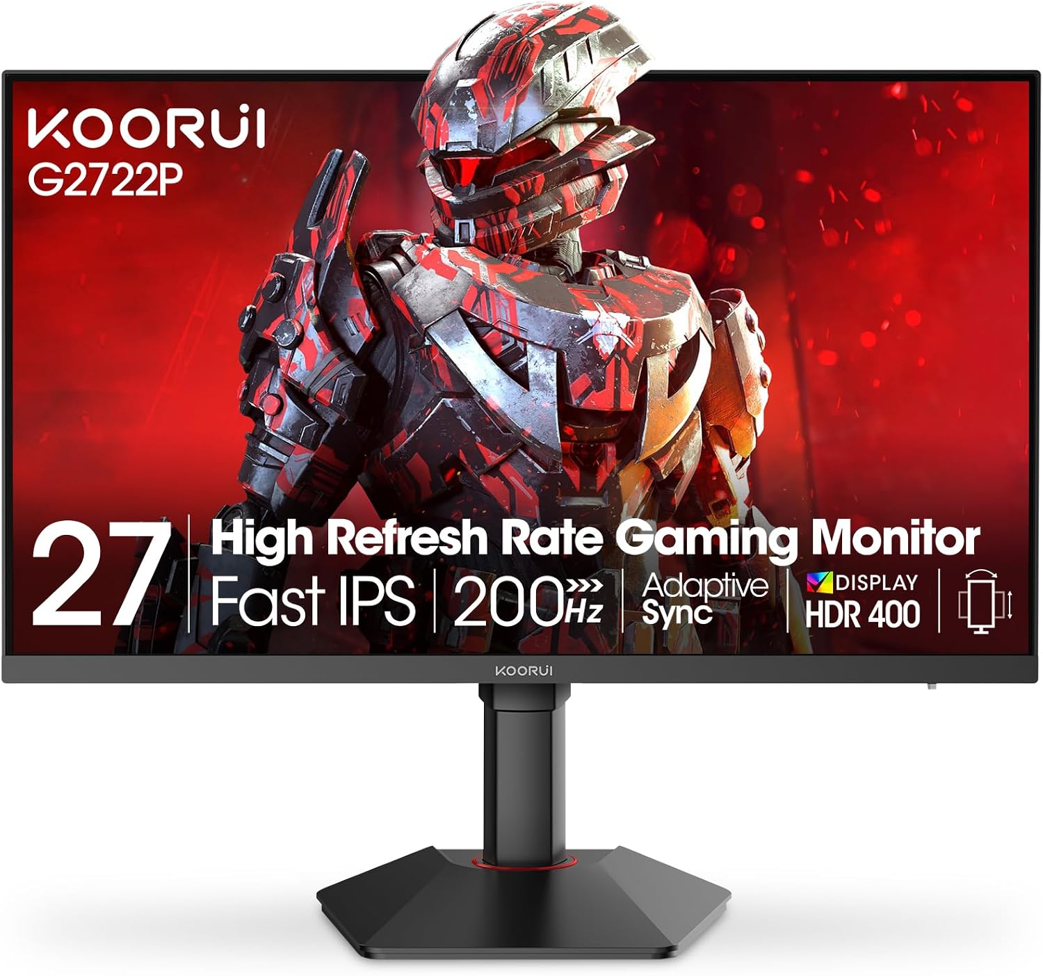 KOORUI 27 Inch 2K Gaming Monitor, 200Hz QHD (2560 x 1440p) Fast IPS Screen, 1ms Response Time, HDR 400, 95% DCI-P3, Height/Pivot/Tilt Adjustable Stand, Adaptive Sync Technology, HDMI & DP, G2722P