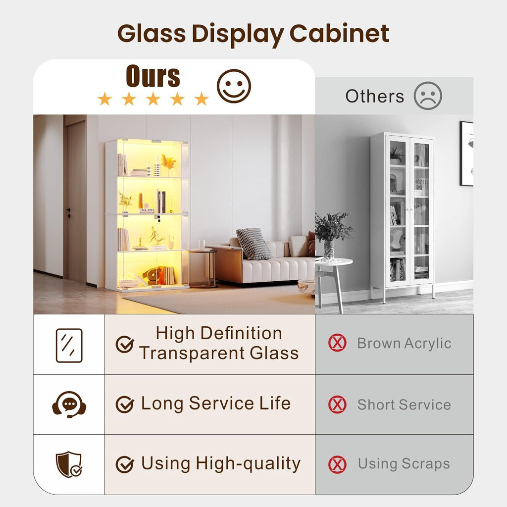 Lvifur Display Cabinet with Glass Doors,66' Curio Cabinet with Adjustable Shelf and Lockable,4-Tier Bookcase with 3 Color Lights for Collectibles,Storage Cabinets with Human Body for Books,Toys,White