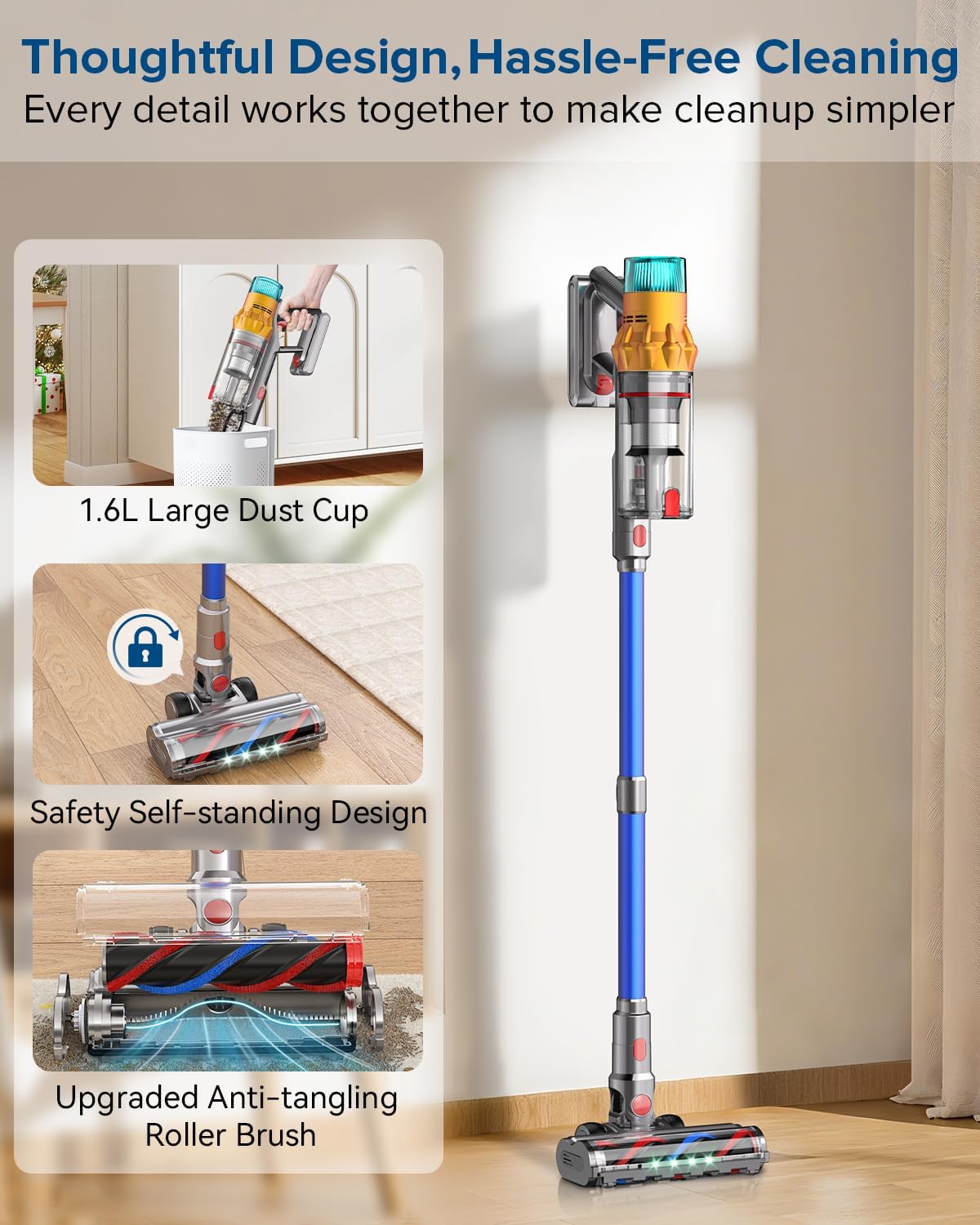 REBANIC S8 Cordless Vacuum Cleaner, 600W 48Kpa Up to 65mins Stick Vacuum Rechargeable, Wireless Lightweight Handheld Vacuum Cleaners for Home Pet Hair Carpet Hardwood Floor Car