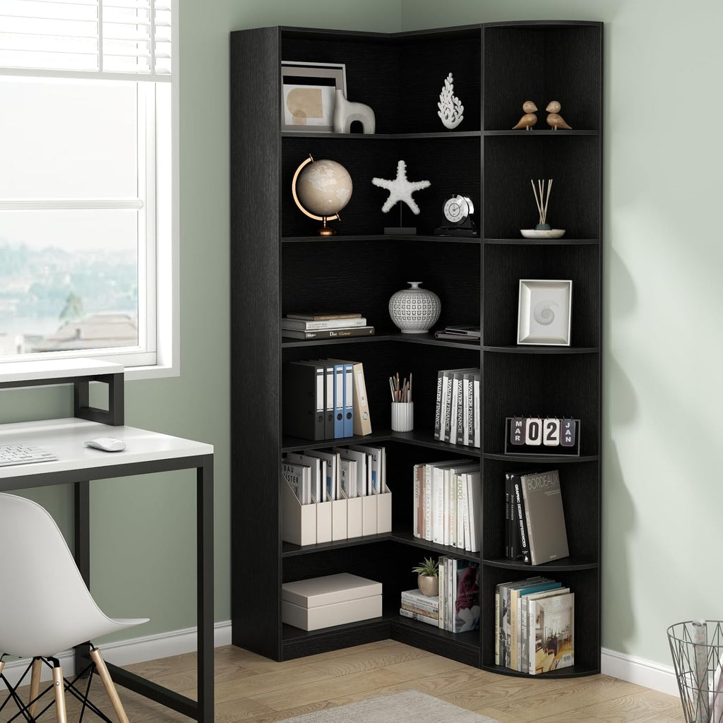 Loomie Black Book Shelf, 6 Tiers Shelf Large Tall Corner Etagere Bookcase with Full Baffle, L-Shaped Modern Storage Display Industrial Bookshelves for Bedroom, Home Office, Living Room & Kitchen,Black