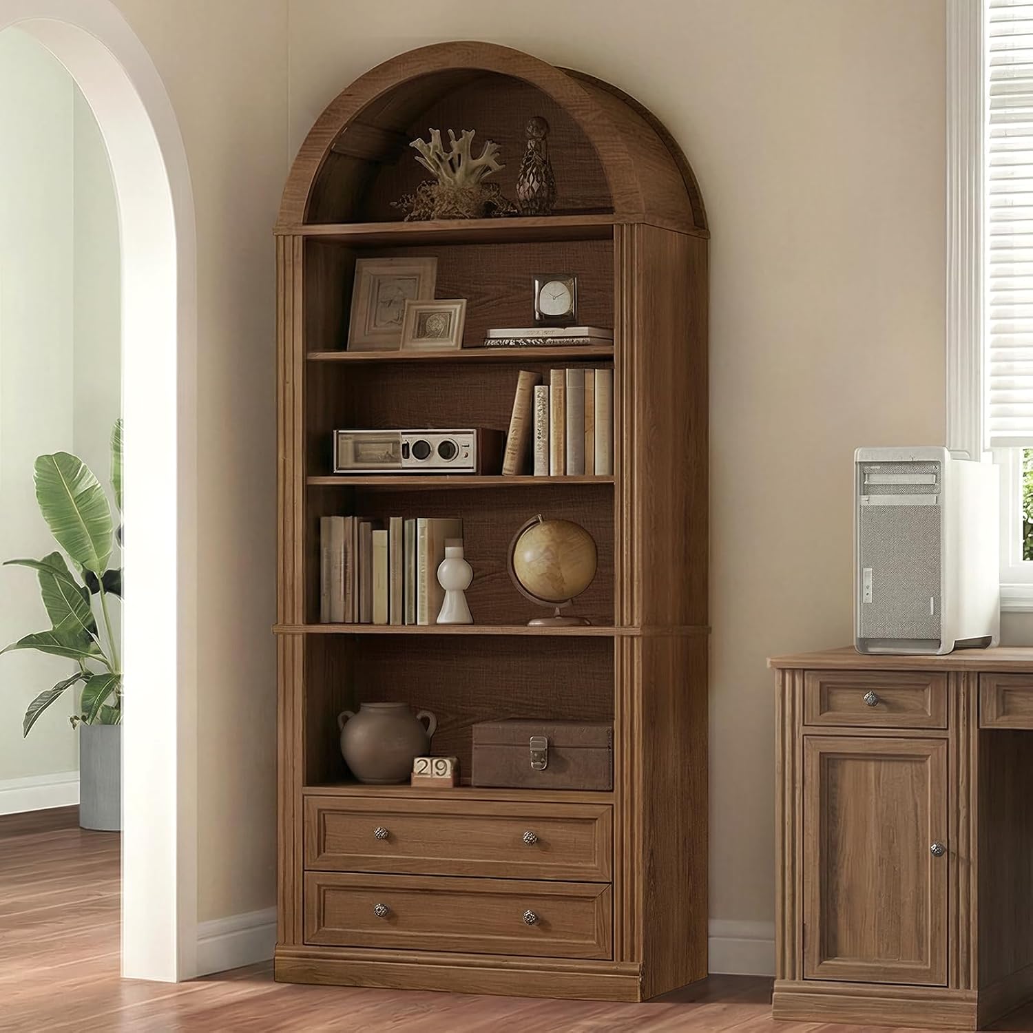 RALGEND Farmhouse Arched Bookshelf Set of 2, 7 Tiers Arch Bookcase with 2 Spacious Drawers, Modern Book Shelf with Open Display Shelves and Storage Cabinet, for Office, Living Room, Kitchen, Walnut