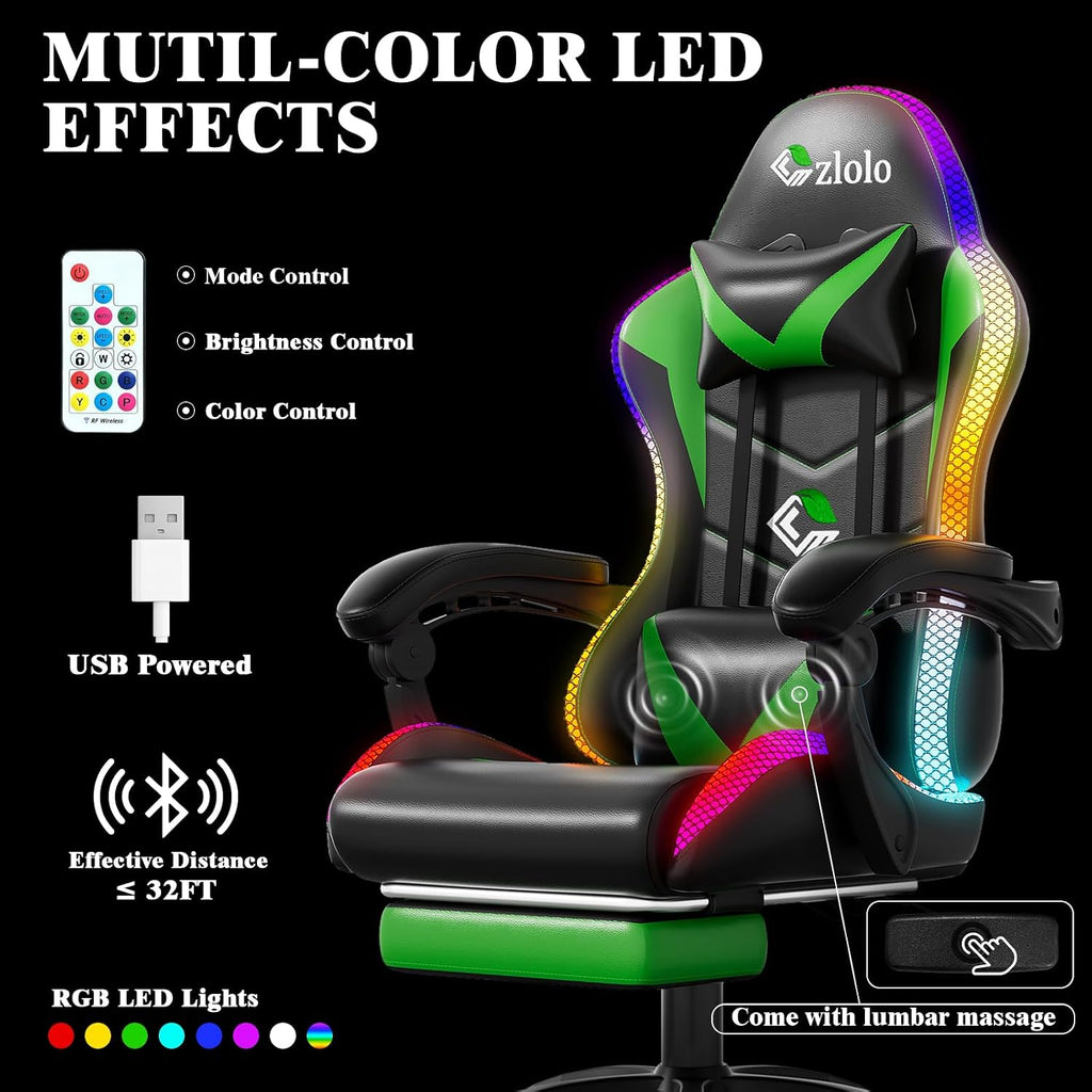 Czlolo Gaming Chair, Racing Style RGB LED Lights Gaming Chairs for Adults and Kids, Lumbar Massager Gamer Chair, High Back Reclining Computer Chair with Footrest and Headrest (Black/Green)