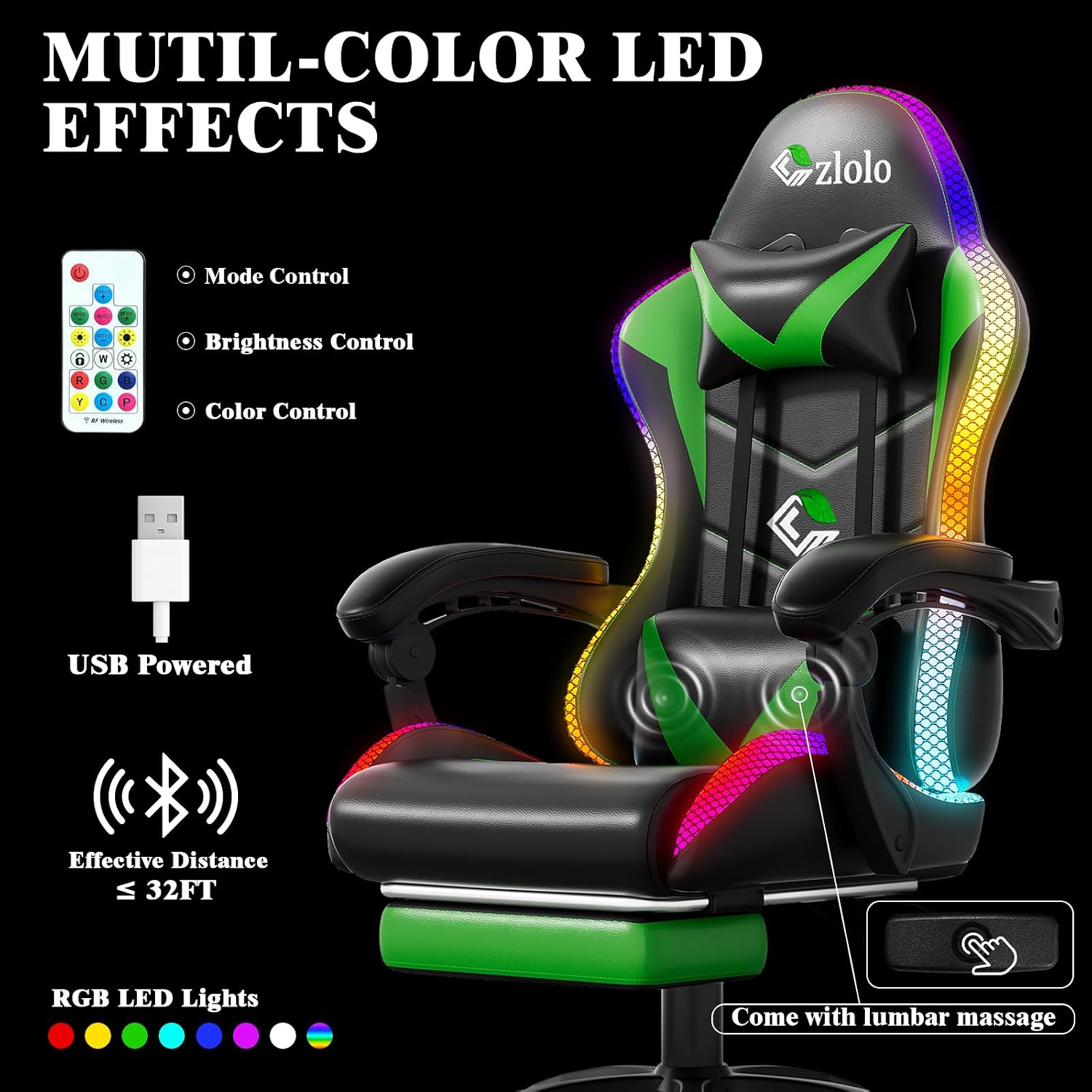 Czlolo Gaming Chair, Racing Style RGB LED Lights Gaming Chairs for Adults and Kids, Lumbar Massager Gamer Chair, High Back Reclining Computer Chair with Footrest and Headrest (Black/Green)