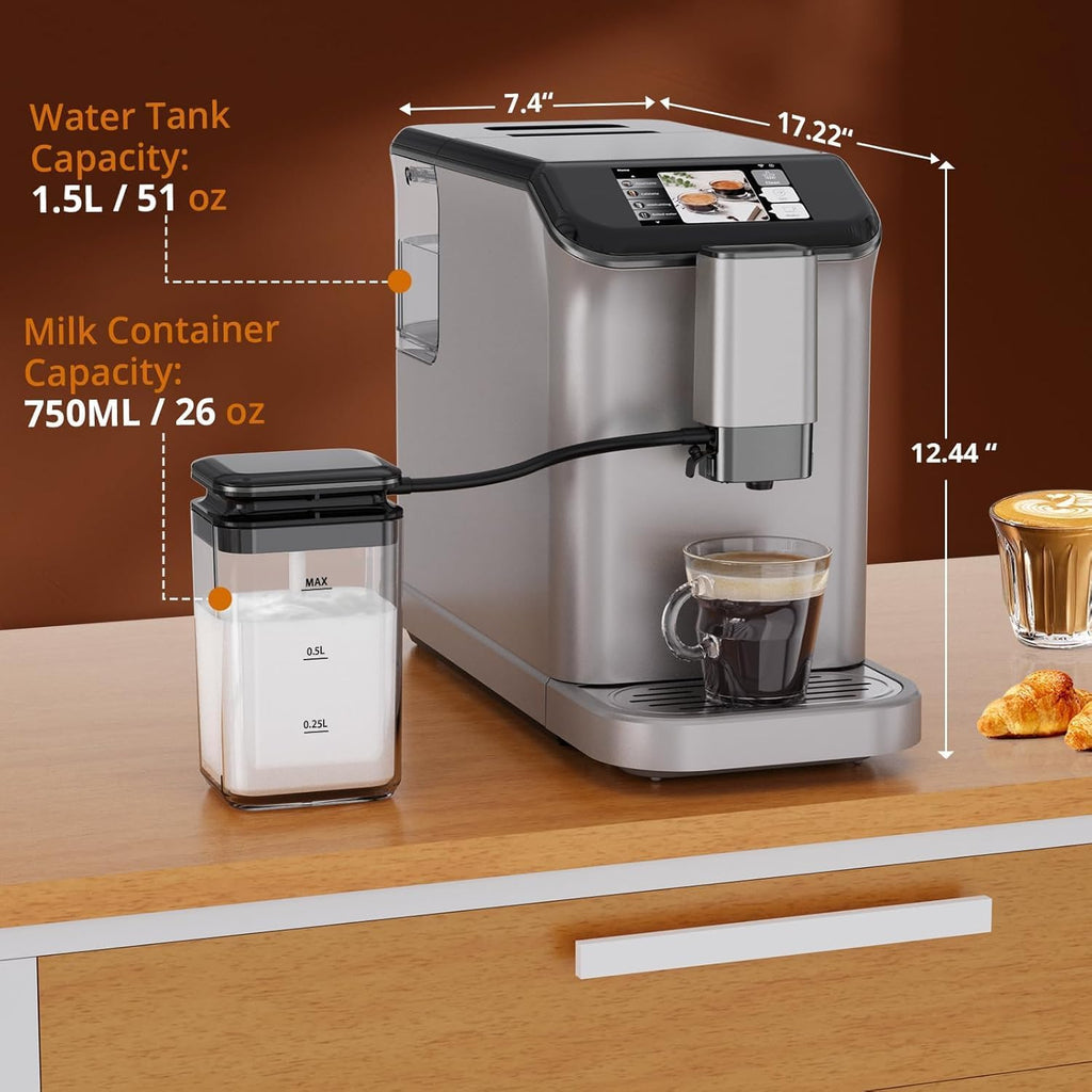 Fully Automatic Espresso Coffee Machine with Milk Frother, 20 Bar Pressure, 15 Adjustable Grind Levels, TFT Touchscreen, 8-In-1 Cappuccino Latte Maker, Removable Water Tank