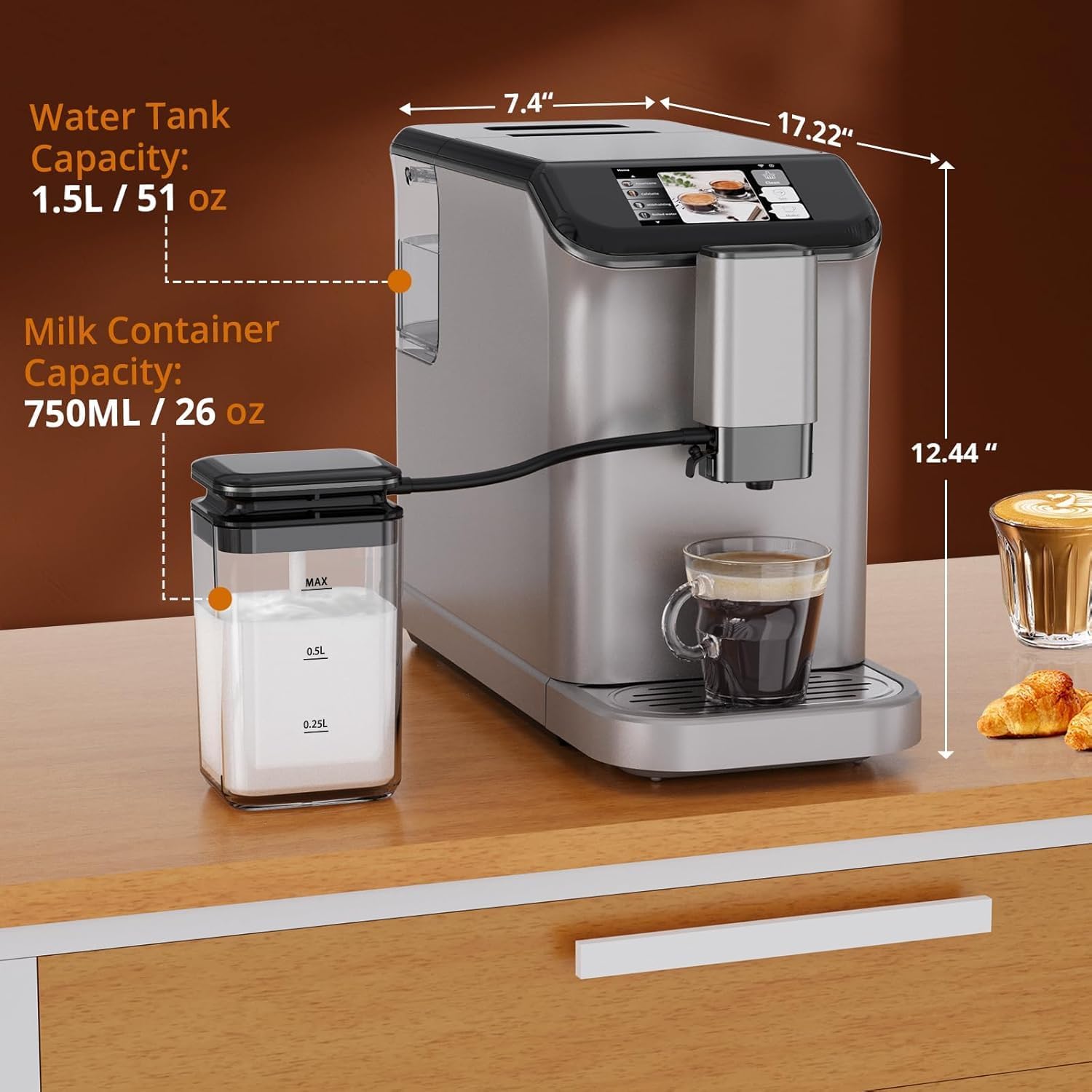 Fully Automatic Espresso Coffee Machine with Milk Frother, 20 Bar Pressure, 15 Adjustable Grind Levels, TFT Touchscreen, 8-In-1 Cappuccino Latte Maker, Removable Water Tank