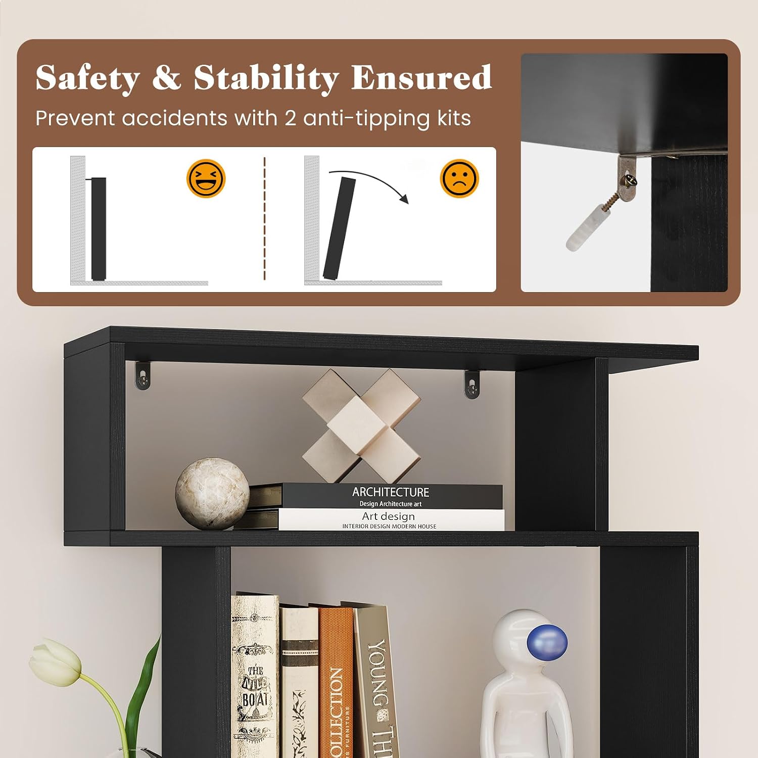 Giantex 6-Tier Geometric Bookshelves Set of 2, S-Shaped Bookcase with 2 Anti-Tipping Kits, Wooden Display Shelf, Decorative Storage Shelving Unit, Home Storage Organizer for Office Living Room, Black