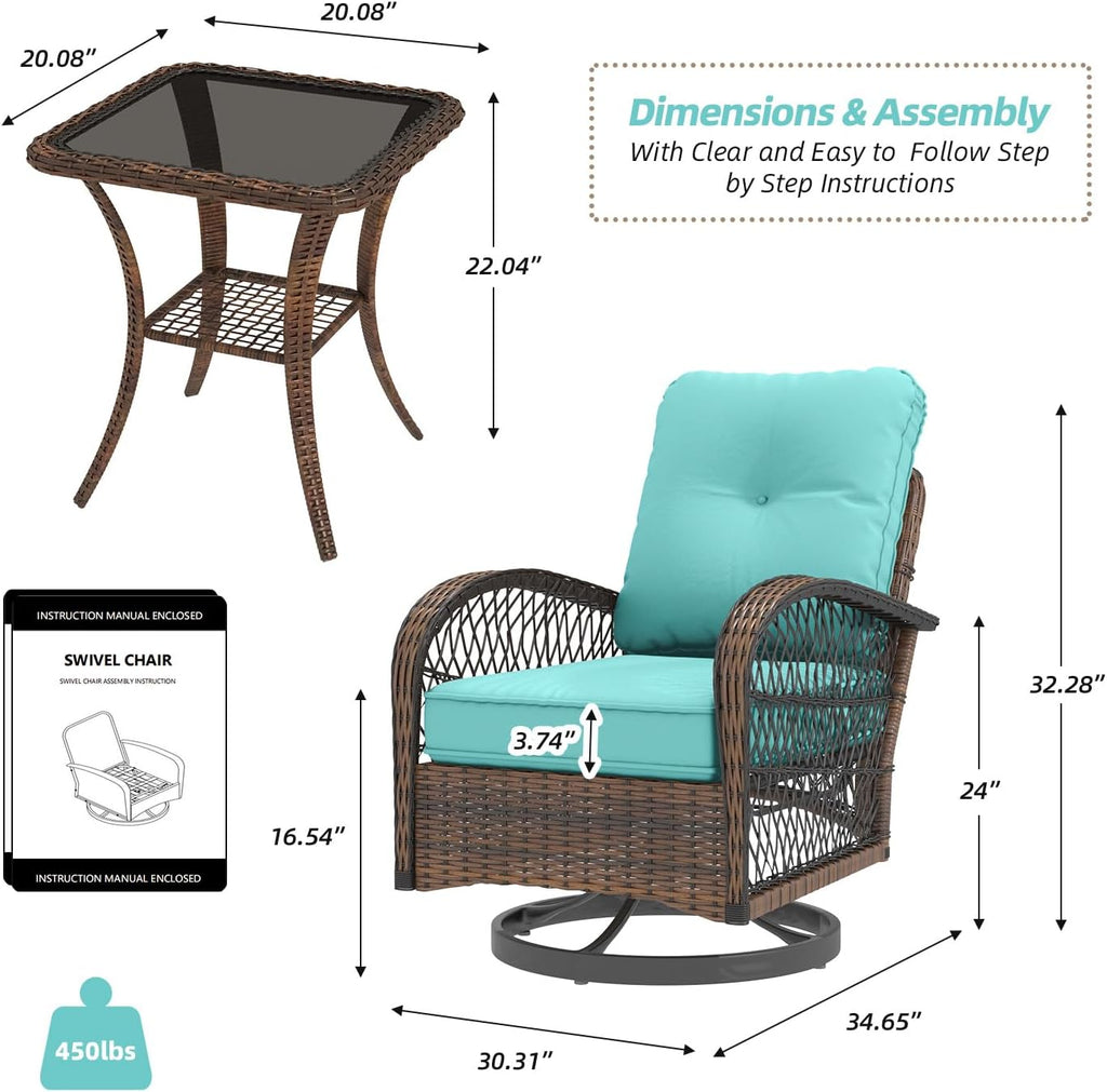 EROMMY 3 Pieces Patio Furniture Set, Outdoor Swivel Rocker Patio Chairs, Wicker Patio Bistro Set with Rocking Chair, Thickened Cushions and Glass Coffee Table for Backyard, Garden, Blue