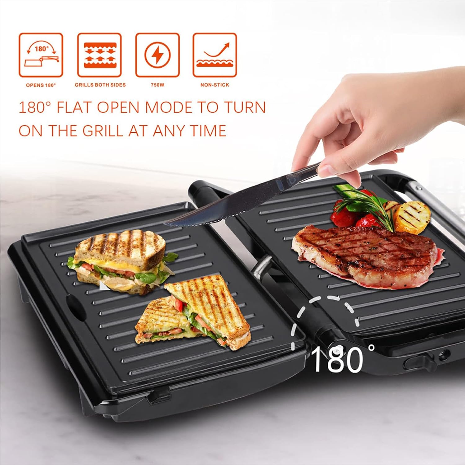 1000W Sandwich Maker, with Ceramic Non-stick Plates, Opens 180 Degrees for Any Size Food, 3-in-1 Sandwich Press Electric Grill, Drip Spout & Locking Lid, for Toasted Cheese Snacks, Quick Breakfast