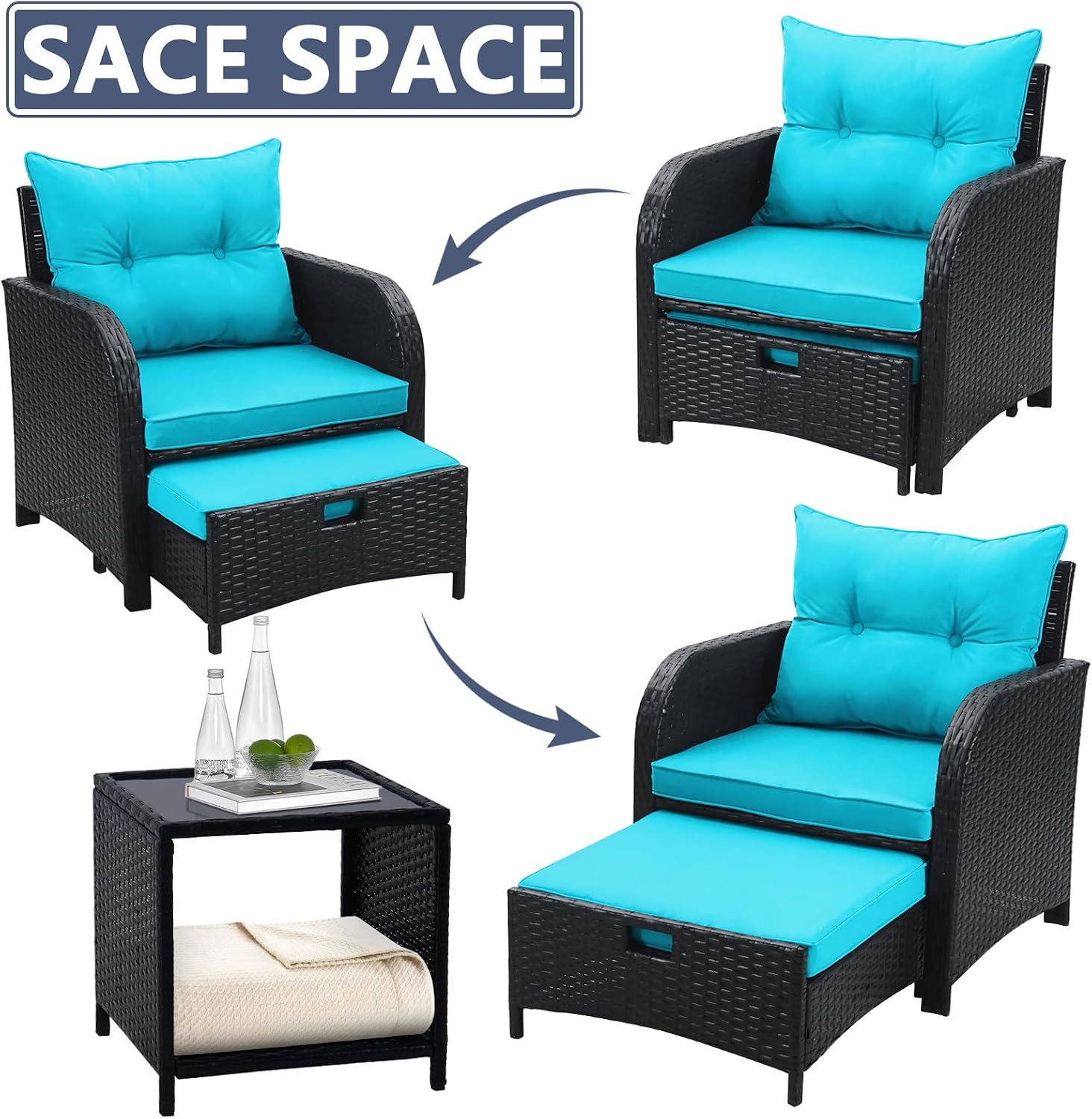 5 Piece Outdoor Chairs with Ottoman Underneath, Wicker Patio Furniture Set with Ottomans, Outdoor Conversation Set Bistro Chairs for Patio Porch Backyard Balcony, Lakeblue