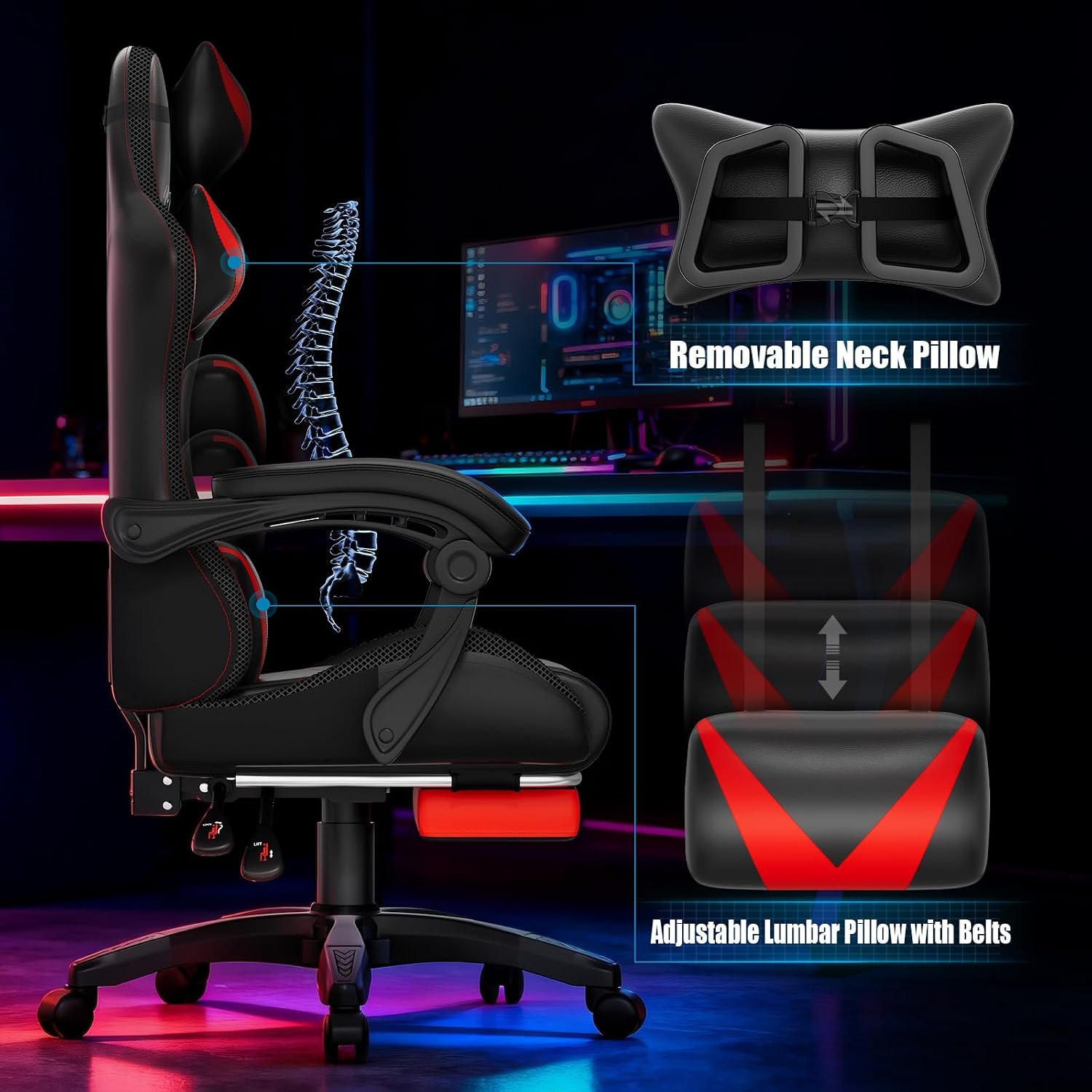 Czlolo Gaming Chair, Racing Style RGB LED Lights Gaming Chairs for Adults and Kids, Lumbar Massager Gamer Chair, High Back Reclining Computer Chair with Footrest and Headrest (Black/Red)