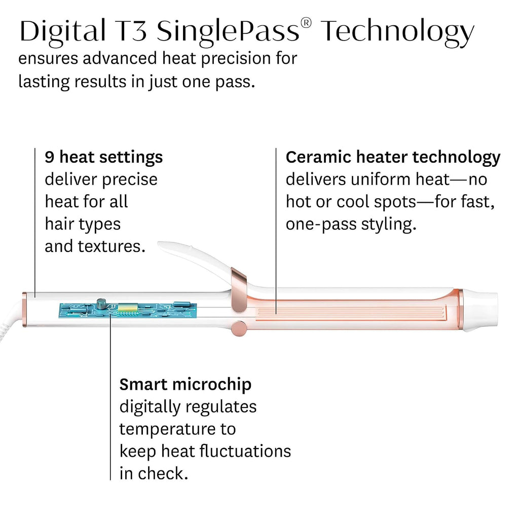 T3 SinglePass Curl X Extra-Long Barrel 1', 1.25', 1.5' Curling Iron with 9 Heat Settings and Ceramic Barrel for Fast Styling and Lasting Results on All Hair Types