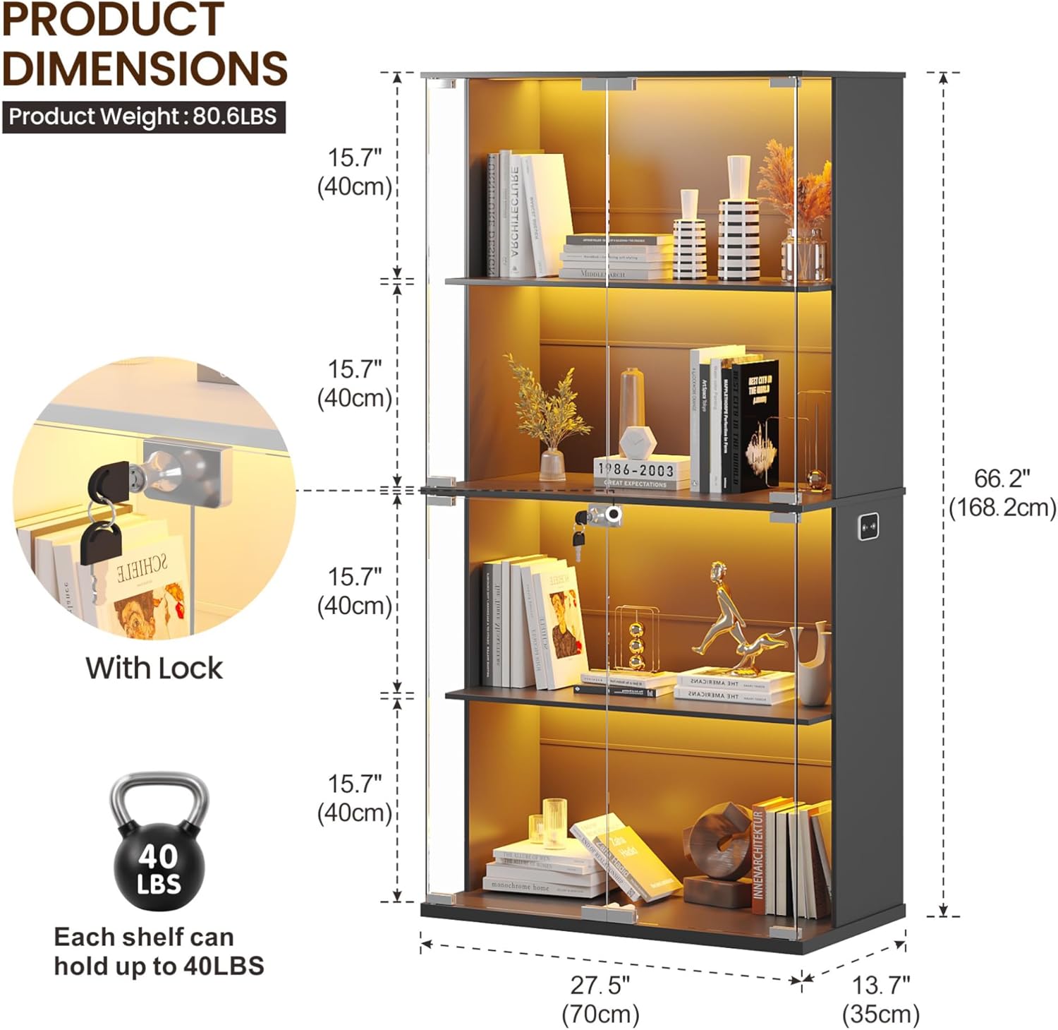 Lvifur Display Cabinet with Glass Doors, 66' Curio Cabinet with Lockable, 4-Tier Bookcase with 3 Color Lights for Collectibles, Storage Cabinets with Human Body for Books, Toys, Black