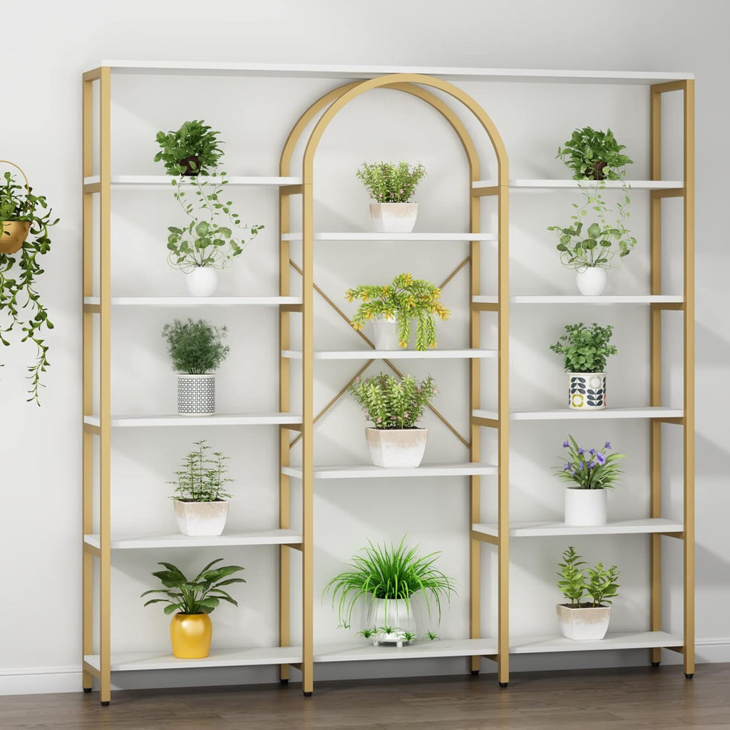 Auromie Triple Wide Gold Bookshelf, 70.87' W x 71.34' H Large Modern Etagere Bookcase, Tall Display Shelf with 13-Tier Open Shelves, Freestanding Staggered Storage Shelf for Home Office, White/Gold