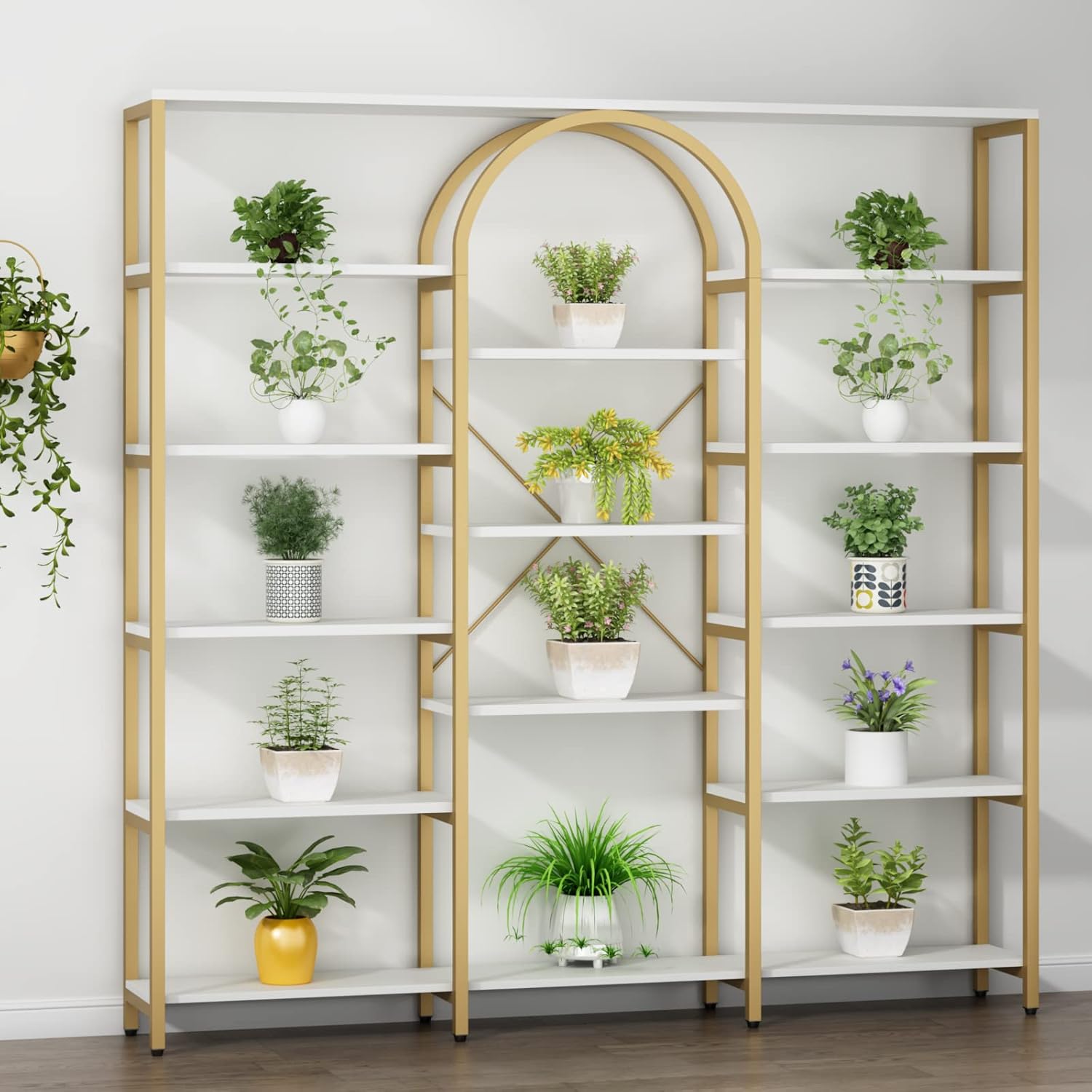 Auromie Triple Wide Gold Bookshelf, 70.87' W x 71.34' H Large Modern Etagere Bookcase, Tall Display Shelf with 13-Tier Open Shelves, Freestanding Staggered Storage Shelf for Home Office, White/Gold