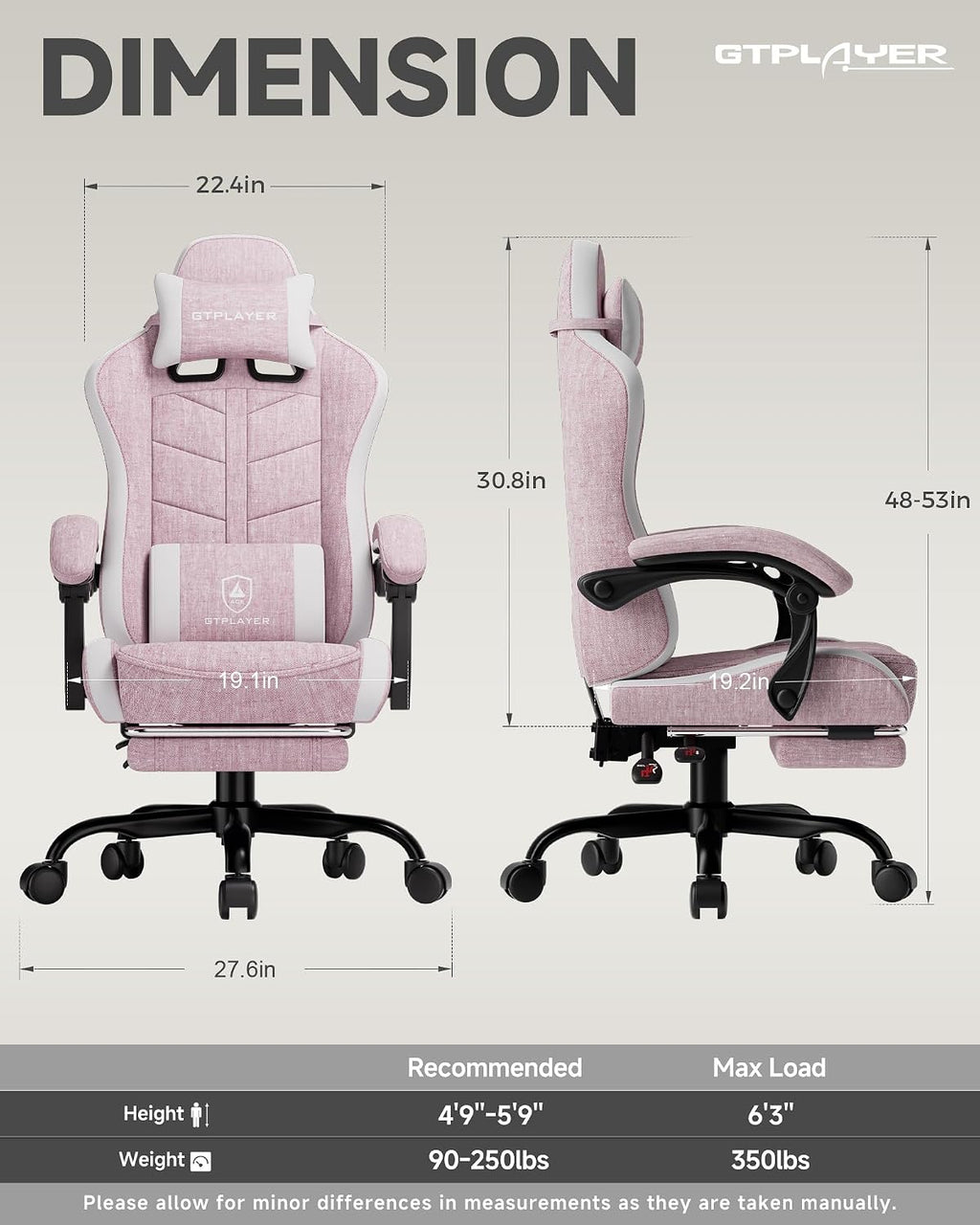 GTPLAYER Gaming Chair for Adults, Ergonomic Computer Gaming Chair with Footrest, Height Adjustable, 90-155° Recline & Removable Headrest Lumbar Support, Valentines Day Gift, Pink
