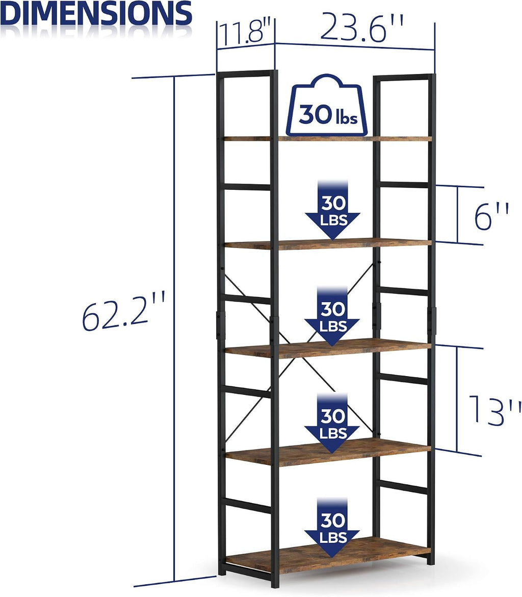 NUMENN 5 Tier Bookshelf, Set of 2 Tall Bookcase Shelf Storage Organizer, Modern Book Shelf for Bedroom, Living Room and Home Office, Vintage