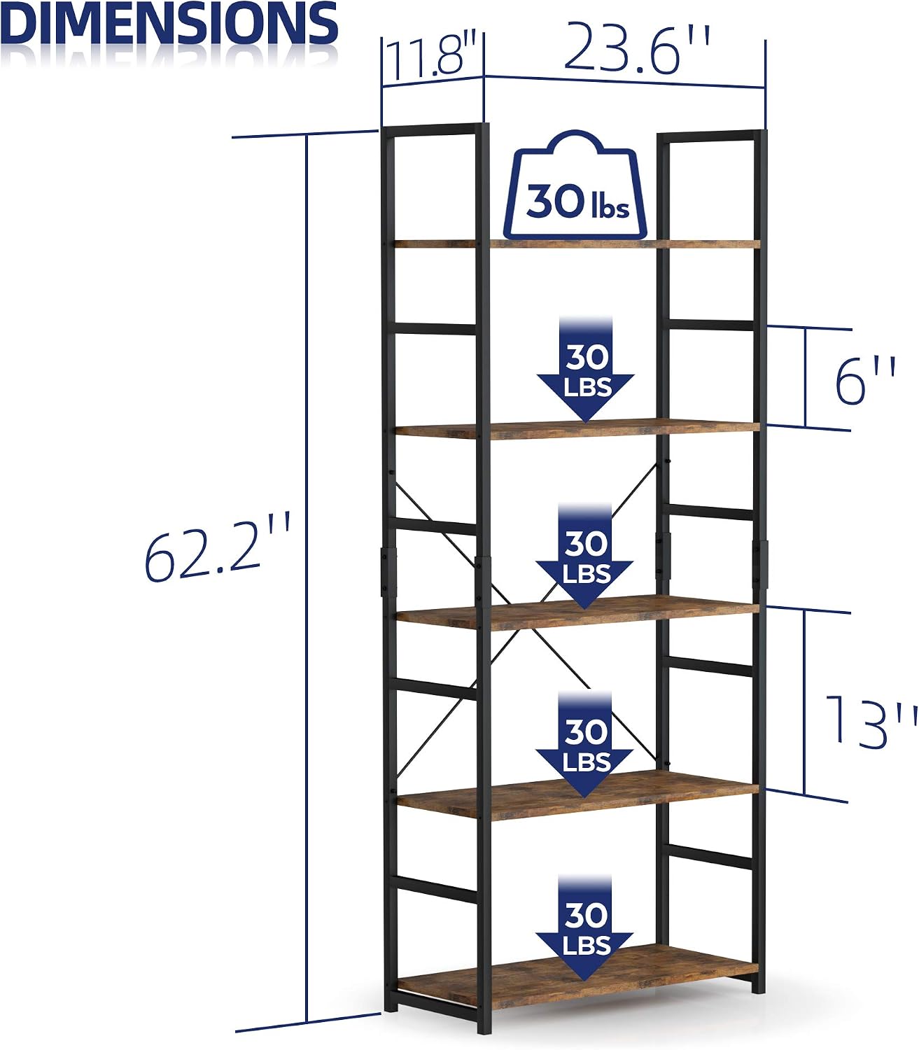NUMENN 5 Tier Bookshelf, Set of 2 Tall Bookcase Shelf Storage Organizer, Modern Book Shelf for Bedroom, Living Room and Home Office, Vintage
