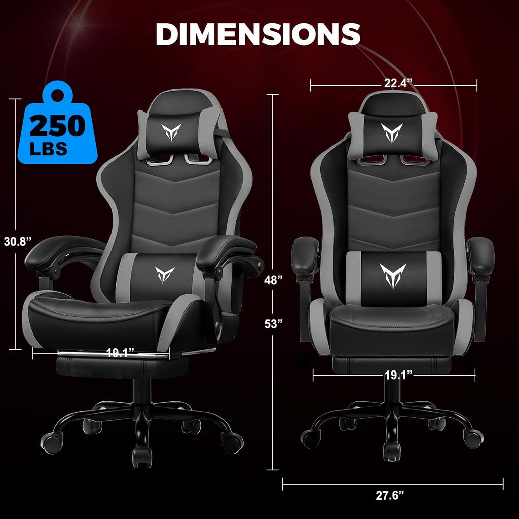 GTPLAYER Gaming Chair with Footrest, Video Game Chairs Racing Style PC Game Chairs 350lbs for Adults - Padded High Back Ergonomic Reclining Silla Gamer, Linkage Armrest, Grey